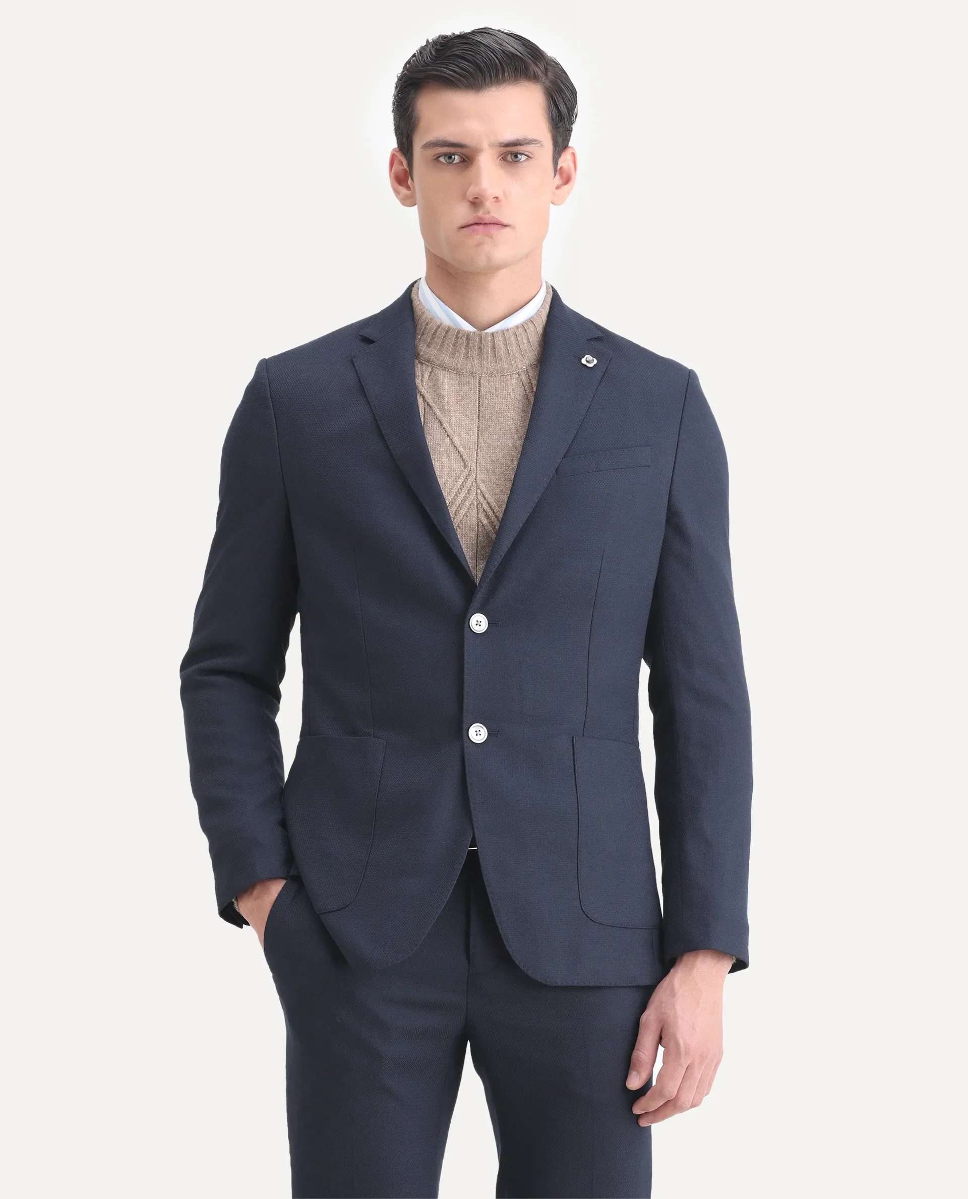 Rare Rabbit Men's Jardin Dark Navy Polyester Plain Tailored Fit Full Sleeve Lapel Neck Suits - Image 2