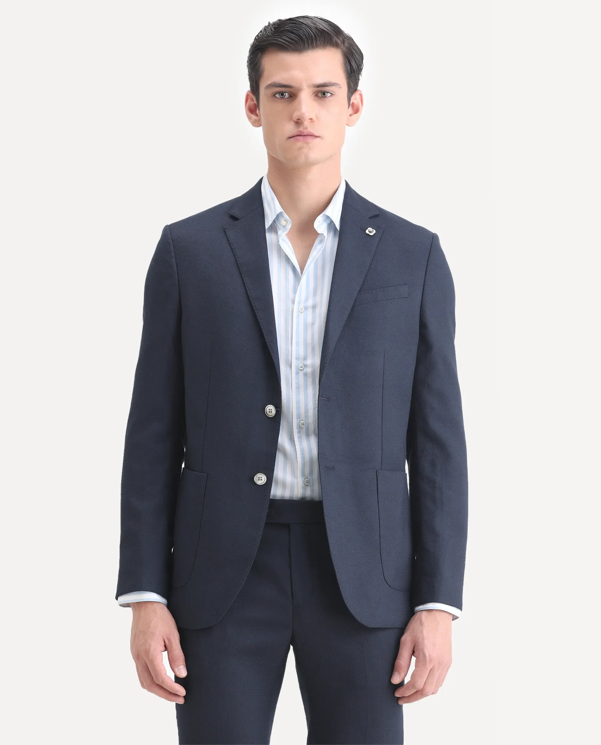 Rare Rabbit Men's Jardin Dark Navy Polyester Plain Tailored Fit Full Sleeve Lapel Neck Suits - Image 3