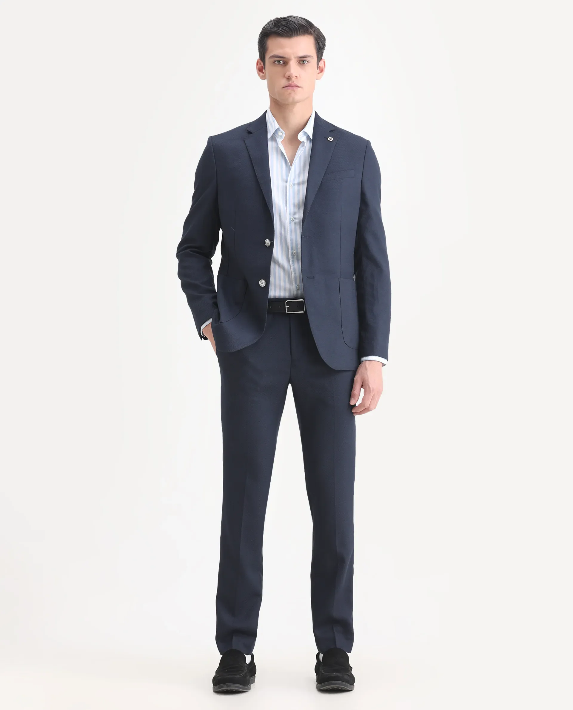 Rare Rabbit Men's Jardin Dark Navy Polyester Plain Tailored Fit Full Sleeve Lapel Neck Suits - Image 5