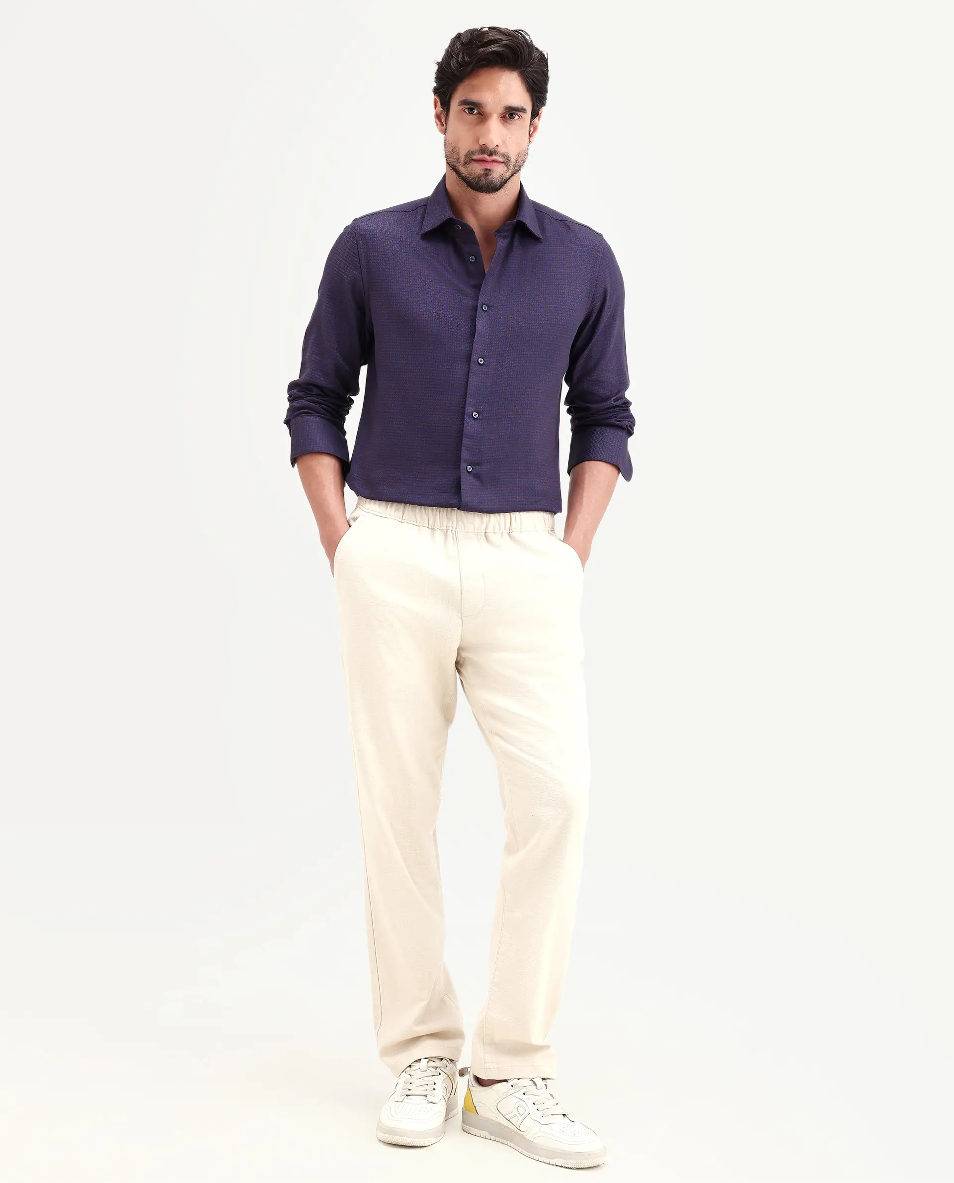 Rare Rabbit Men's Jared Navy Cotton Blend Fabric Full Sleeve Spread Collar Button Regular Fit Checked Shirt - Image 2