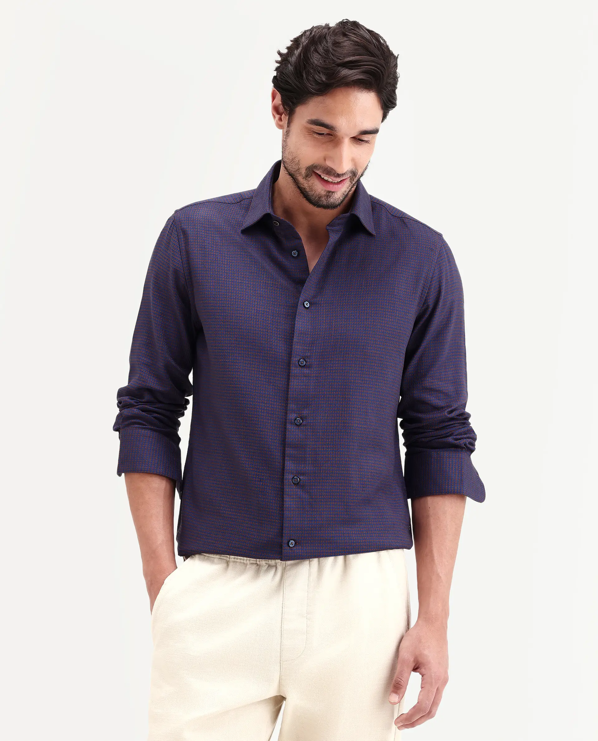 Rare Rabbit Men's Jared Navy Cotton Blend Fabric Full Sleeve Spread Collar Button Regular Fit Checked Shirt - Image 4