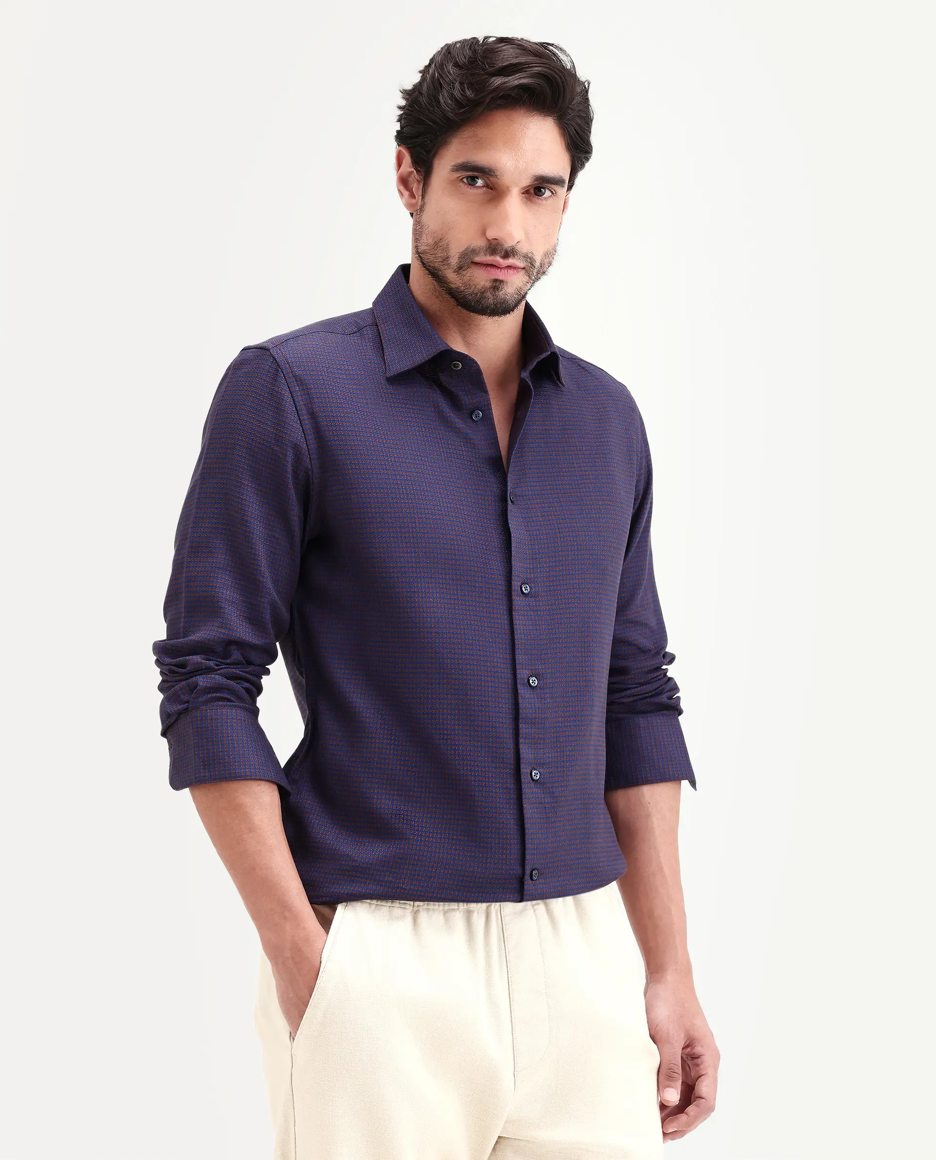 Rare Rabbit Men's Jared Navy Cotton Blend Fabric Full Sleeve Spread Collar Button Regular Fit Checked Shirt - Image 5