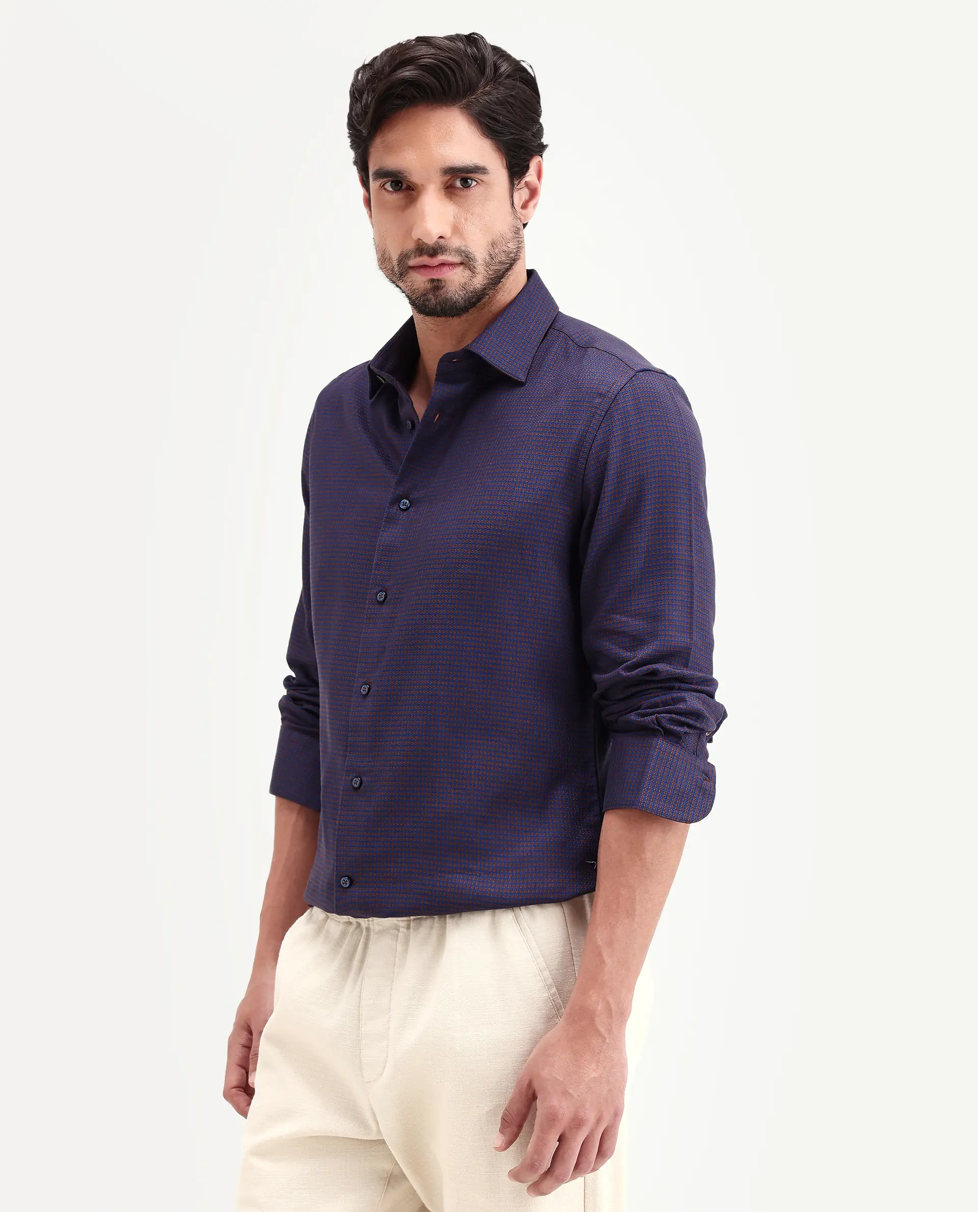 Rare Rabbit Men's Jared Navy Cotton Blend Fabric Full Sleeve Spread Collar Button Regular Fit Checked Shirt - Image 6