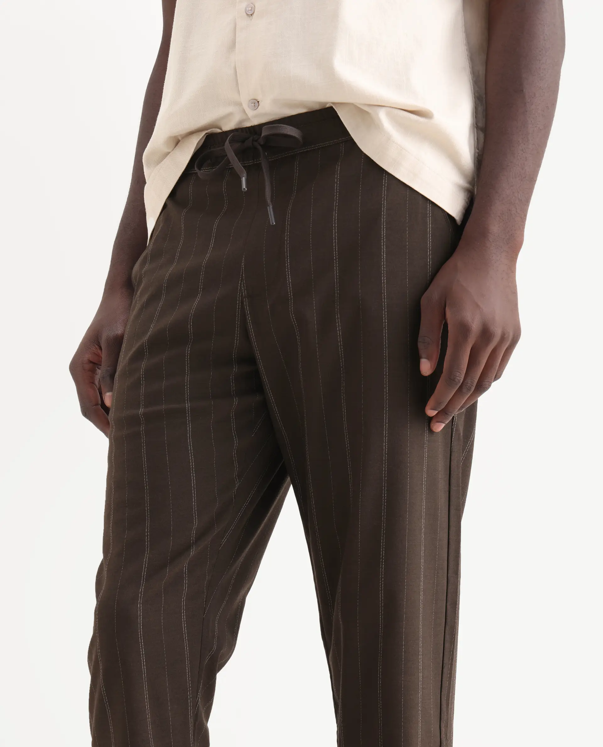 Rare Rabbit Men's Jaret Brown Cotton Striped Print Relaxed Fit Trouser - Image 5