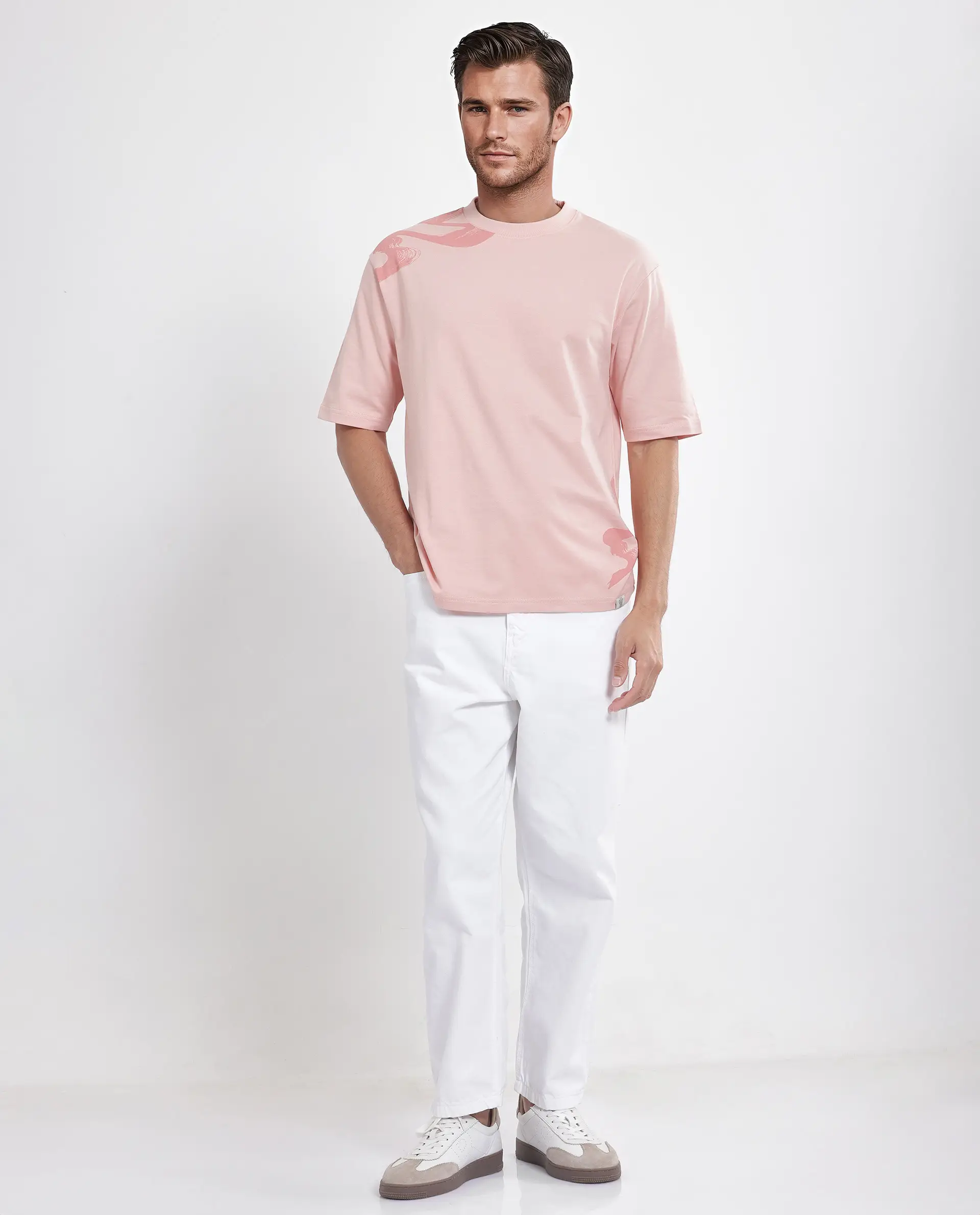 Rare Rabbit Men's Jarn Light Orange Cotton Graphic Print Qlo Fit Half Sleeve Crew Neck T-Shirt - Image 2