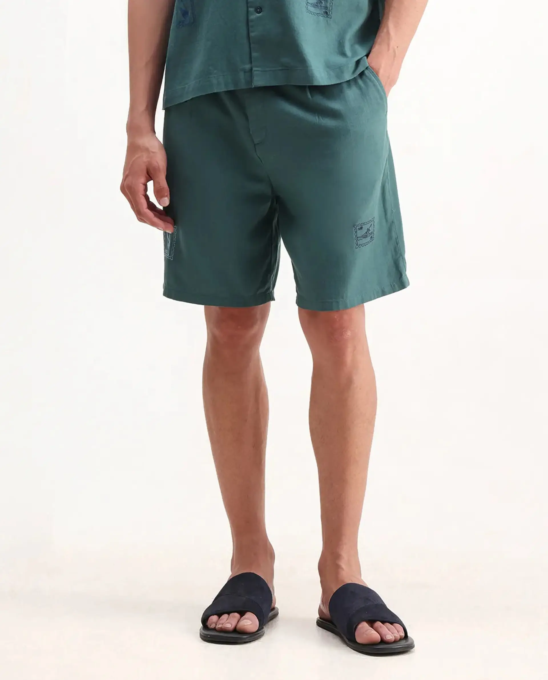Rare Rabbit Men's Jarny-B Green Cotton Embroidered Regular Fit Shorts - Image 10