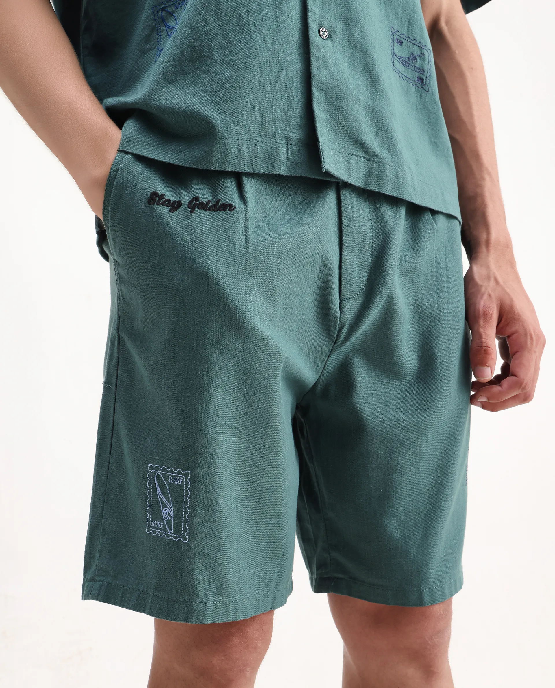 Rare Rabbit Men's Jarny-B Green Cotton Embroidered Regular Fit Shorts - Image 2