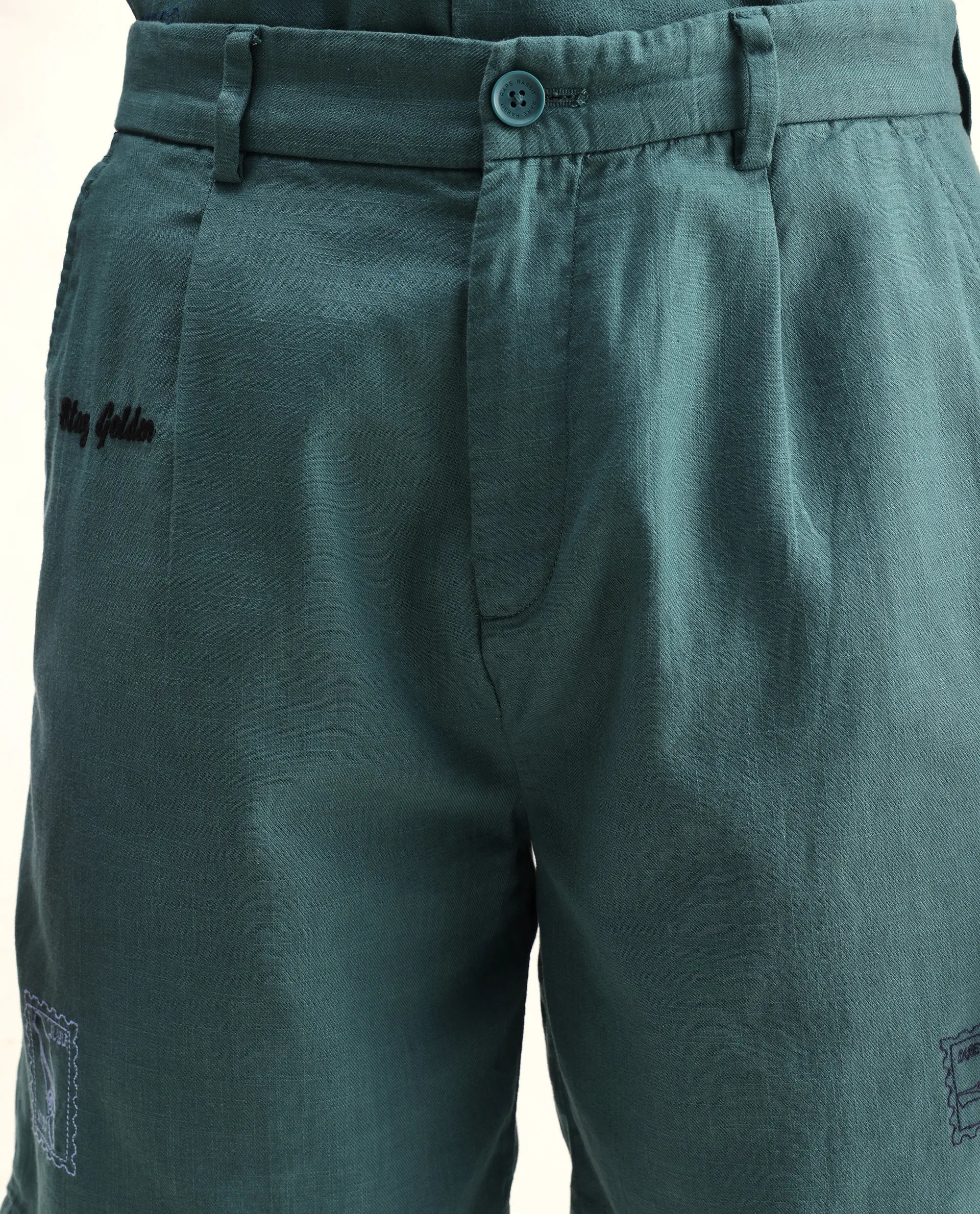 Rare Rabbit Men's Jarny-B Green Cotton Embroidered Regular Fit Shorts - Image 5