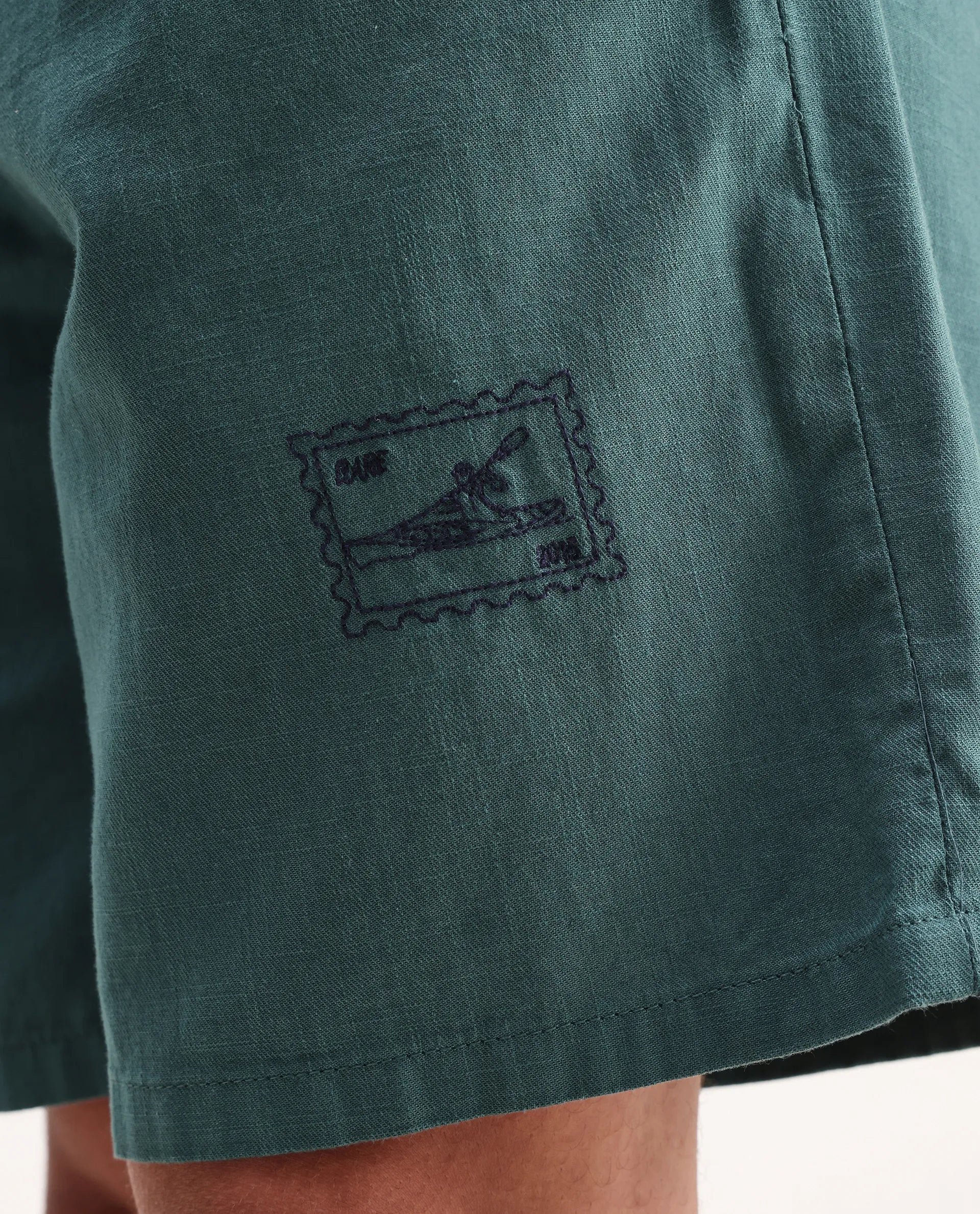 Rare Rabbit Men's Jarny-B Green Cotton Embroidered Regular Fit Shorts - Image 7