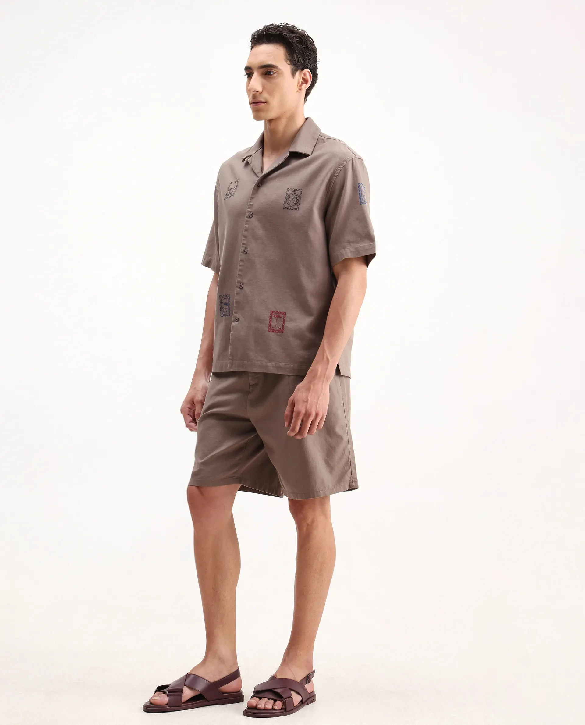Rare Rabbit Men's Jarny-B Light Brown Linen Blend Embroidered Relaxed Fit Shorts - Image 3
