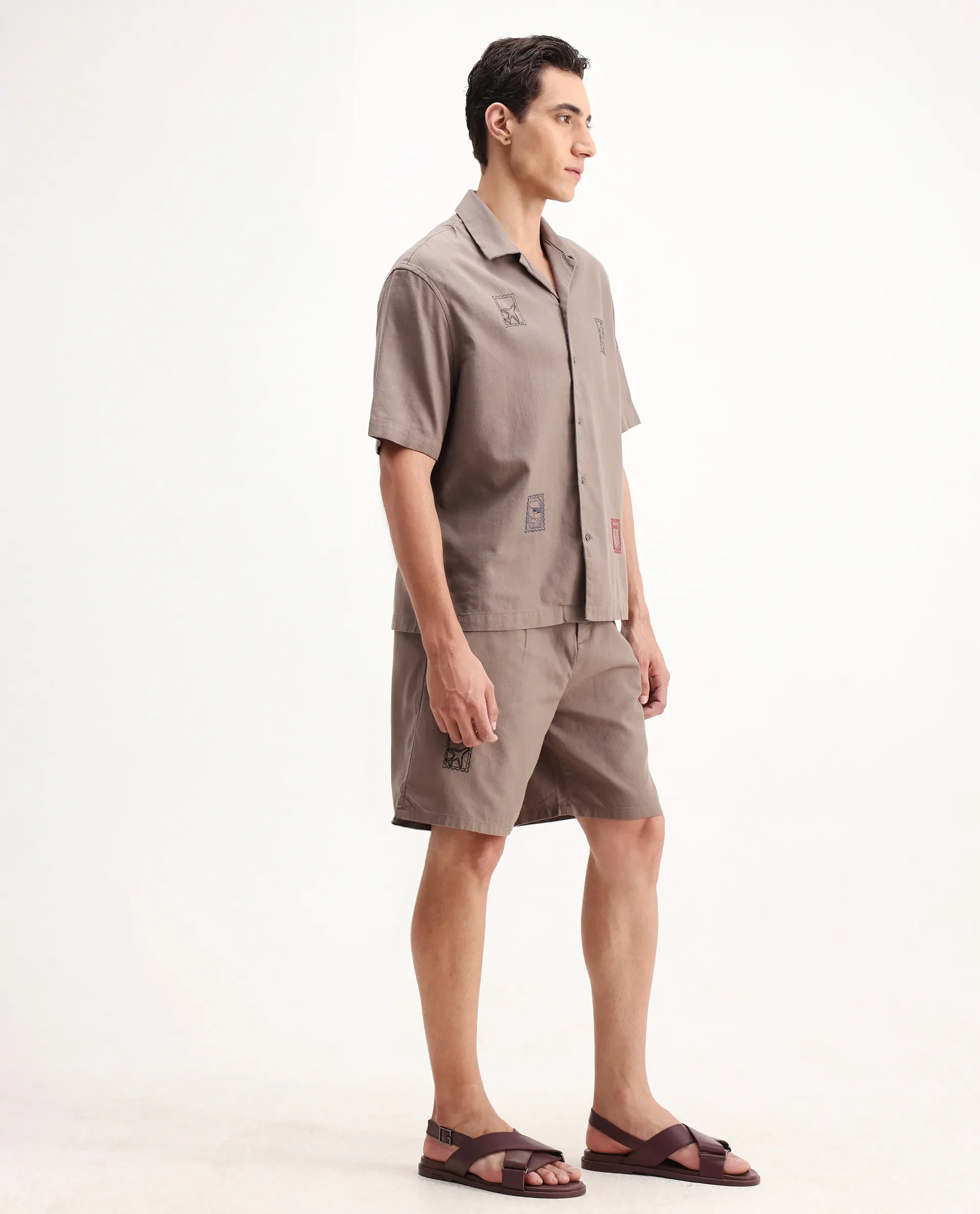 Rare Rabbit Men's Jarny-B Light Brown Linen Blend Embroidered Relaxed Fit Shorts - Image 5