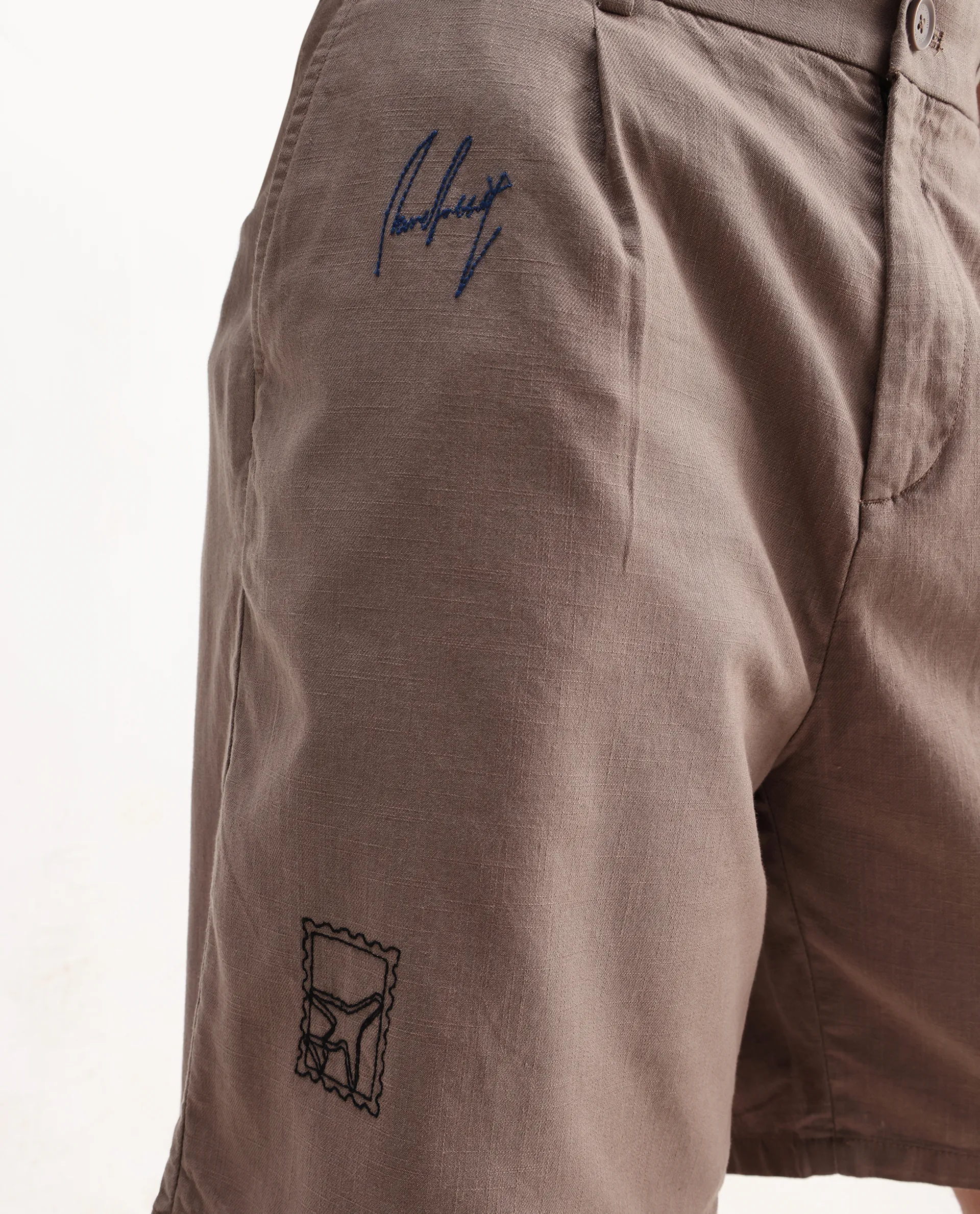 Rare Rabbit Men's Jarny-B Light Brown Linen Blend Embroidered Relaxed Fit Shorts - Image 6