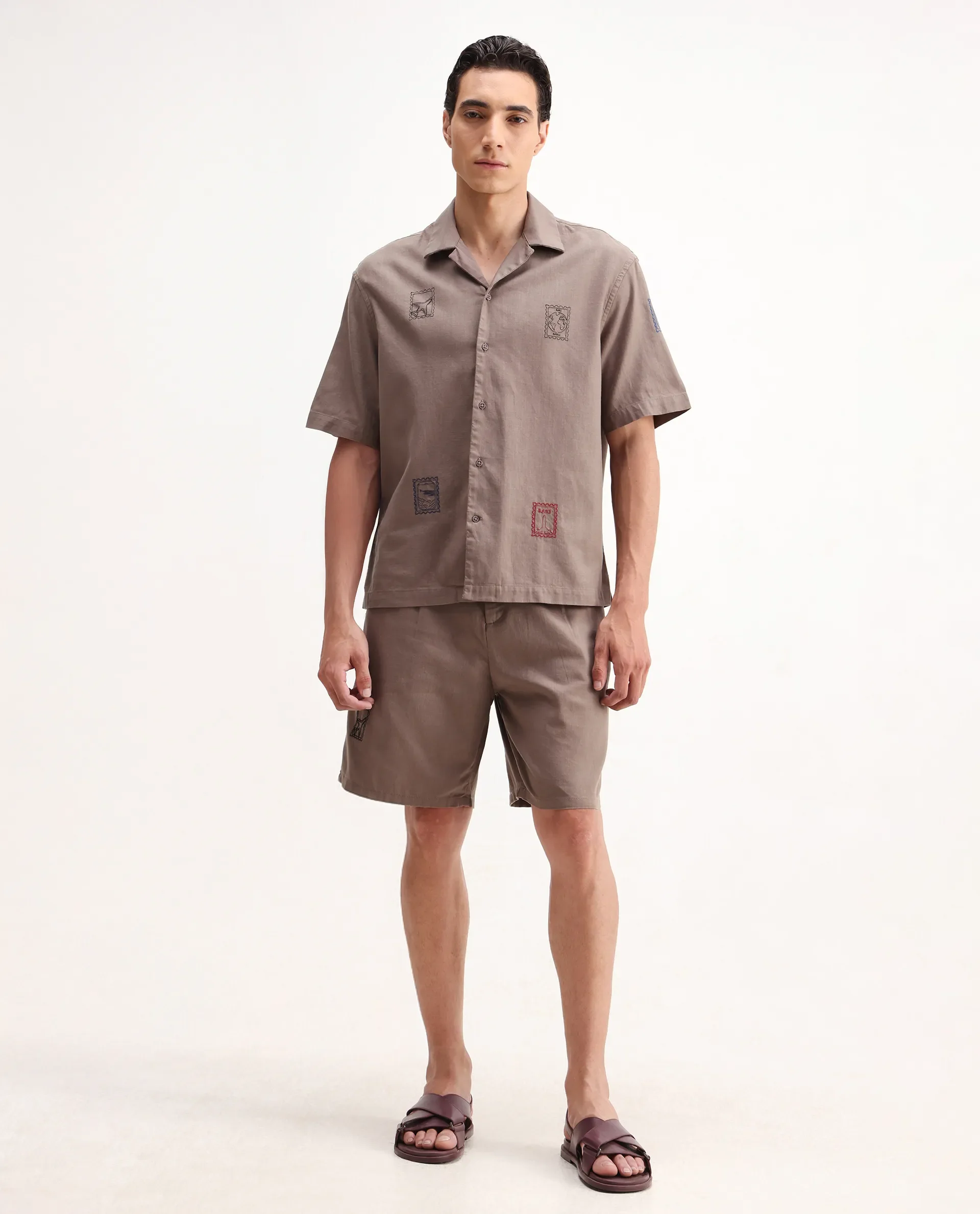 Rare Rabbit Men's Jarny-B Light Brown Linen Blend Embroidered Relaxed Fit Shorts - Image 7