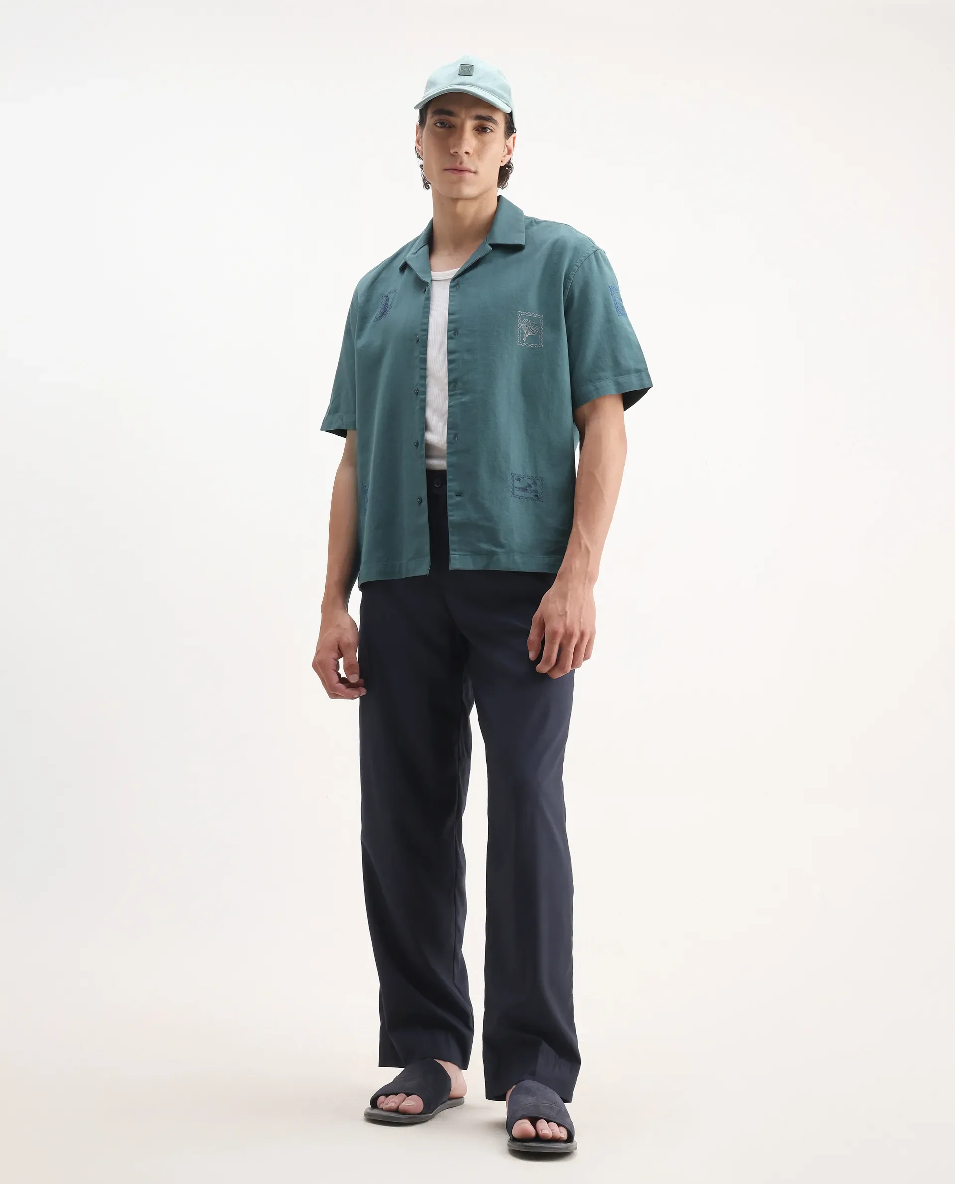 Rare Rabbit Men's Jarny Green Cotton Embroidered Boxy Fit Half Sleeve Cuban Collar Shirt - Image 2