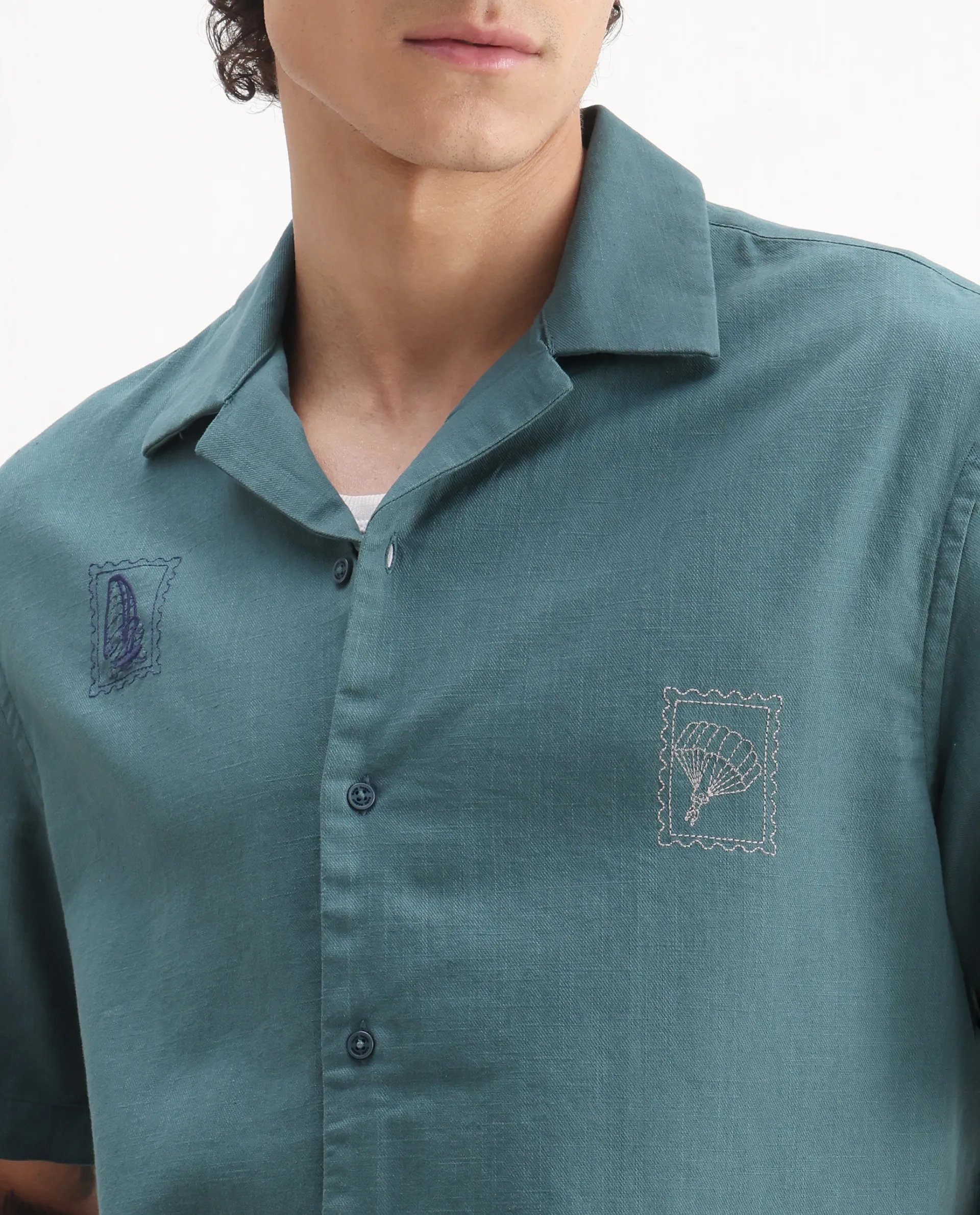 Rare Rabbit Men's Jarny Green Cotton Embroidered Boxy Fit Half Sleeve Cuban Collar Shirt - Image 3
