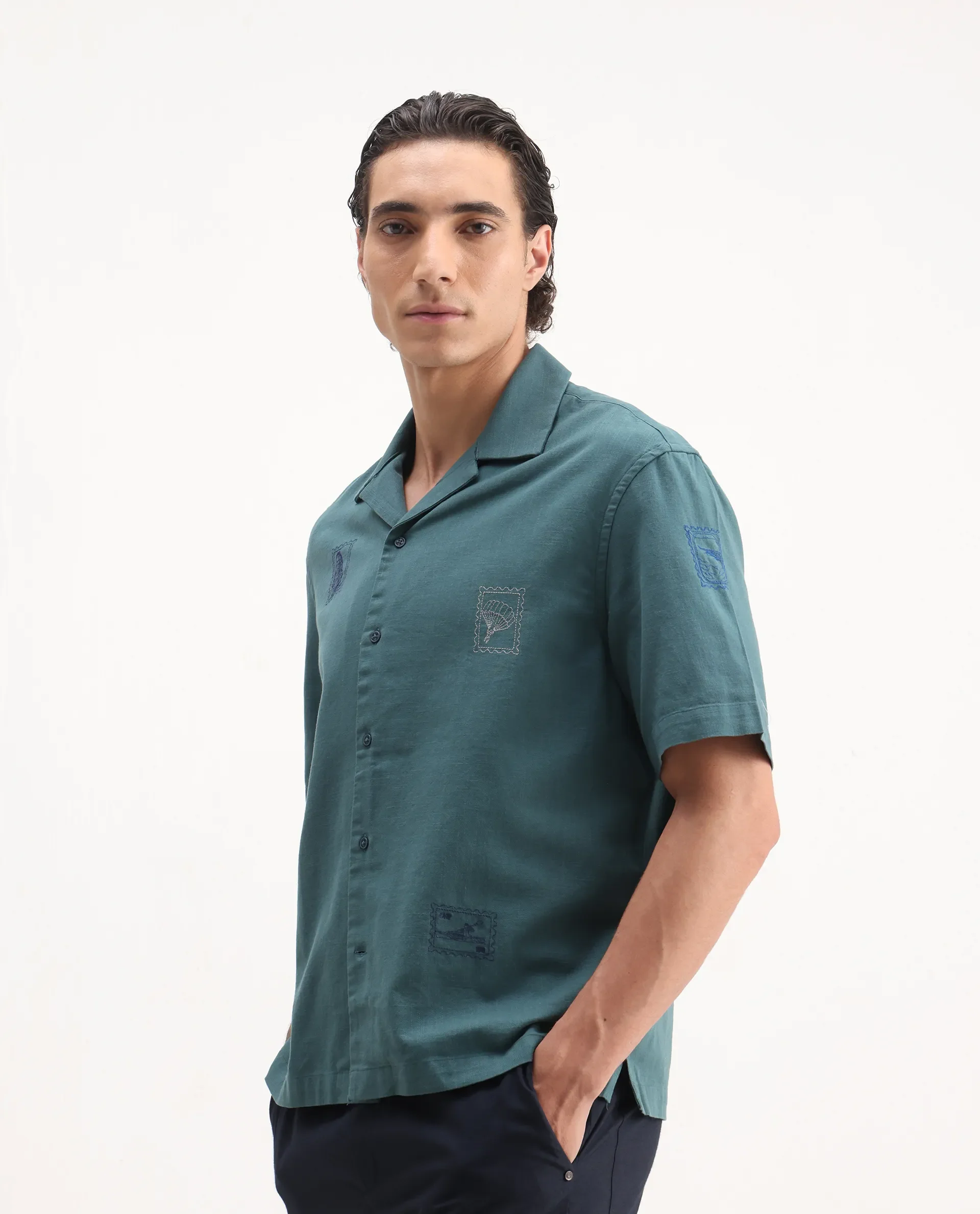 Rare Rabbit Men's Jarny Green Cotton Embroidered Boxy Fit Half Sleeve Cuban Collar Shirt - Image 4