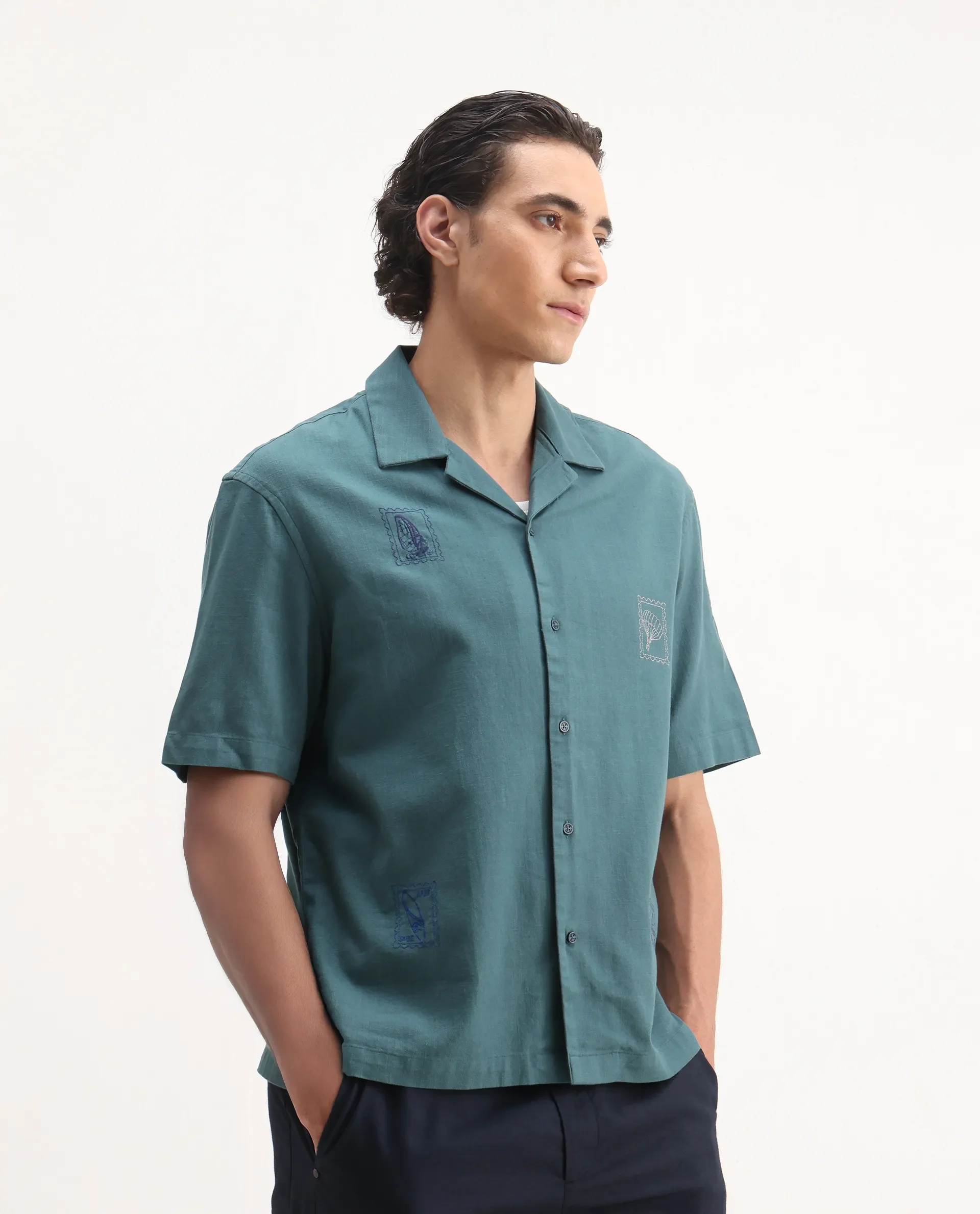 Rare Rabbit Men's Jarny Green Cotton Embroidered Boxy Fit Half Sleeve Cuban Collar Shirt - Image 5