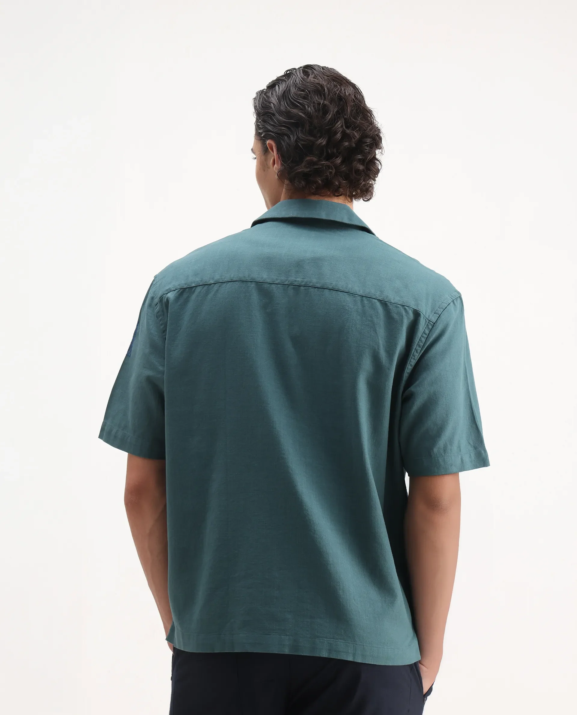 Rare Rabbit Men's Jarny Green Cotton Embroidered Boxy Fit Half Sleeve Cuban Collar Shirt - Image 6