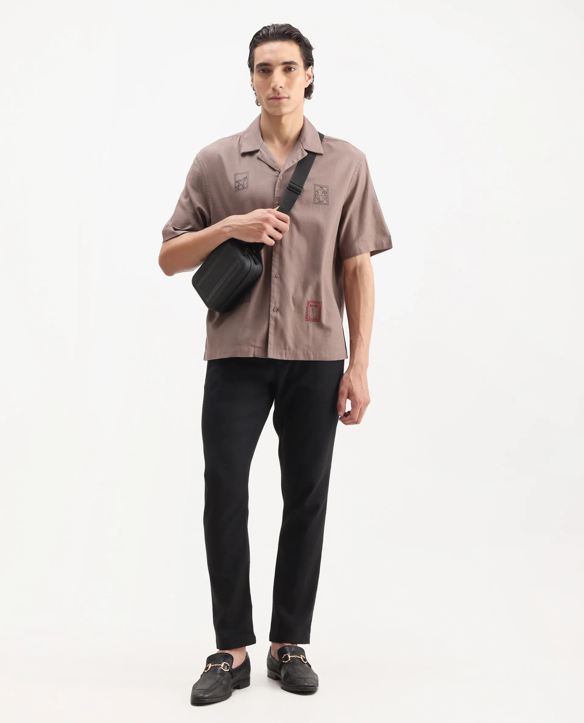 Rare Rabbit Men's Jarny Light Brown Cotton Embroidered Boxy Fit Half Sleeve Cuban Collar Shirt - Image 2