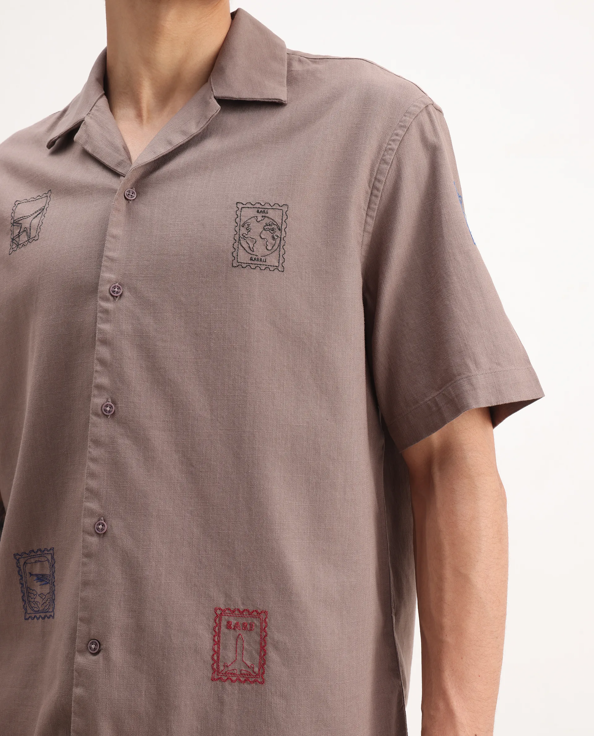 Rare Rabbit Men's Jarny Light Brown Cotton Embroidered Boxy Fit Half Sleeve Cuban Collar Shirt - Image 3