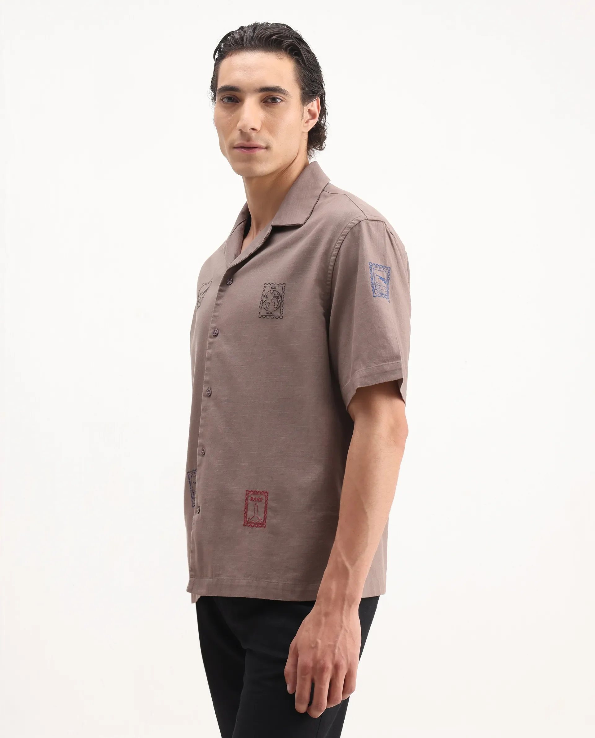 Rare Rabbit Men's Jarny Light Brown Cotton Embroidered Boxy Fit Half Sleeve Cuban Collar Shirt - Image 4