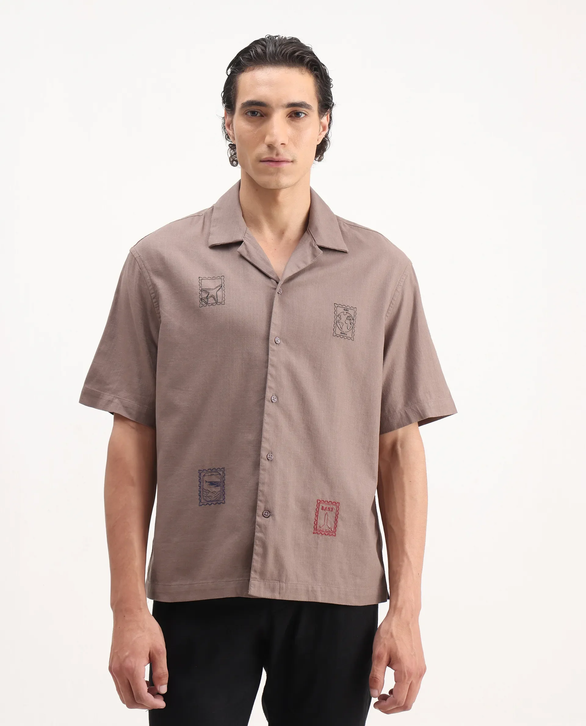 Rare Rabbit Men's Jarny Light Brown Cotton Embroidered Boxy Fit Half Sleeve Cuban Collar Shirt - Image 5