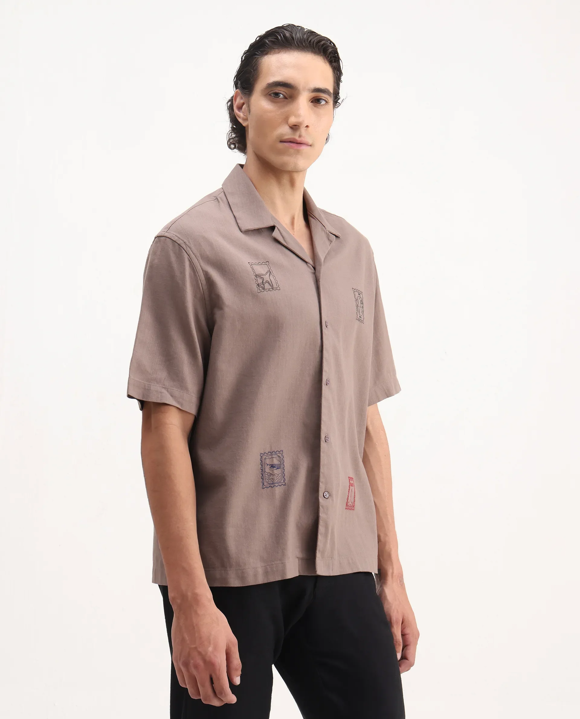 Rare Rabbit Men's Jarny Light Brown Cotton Embroidered Boxy Fit Half Sleeve Cuban Collar Shirt - Image 6