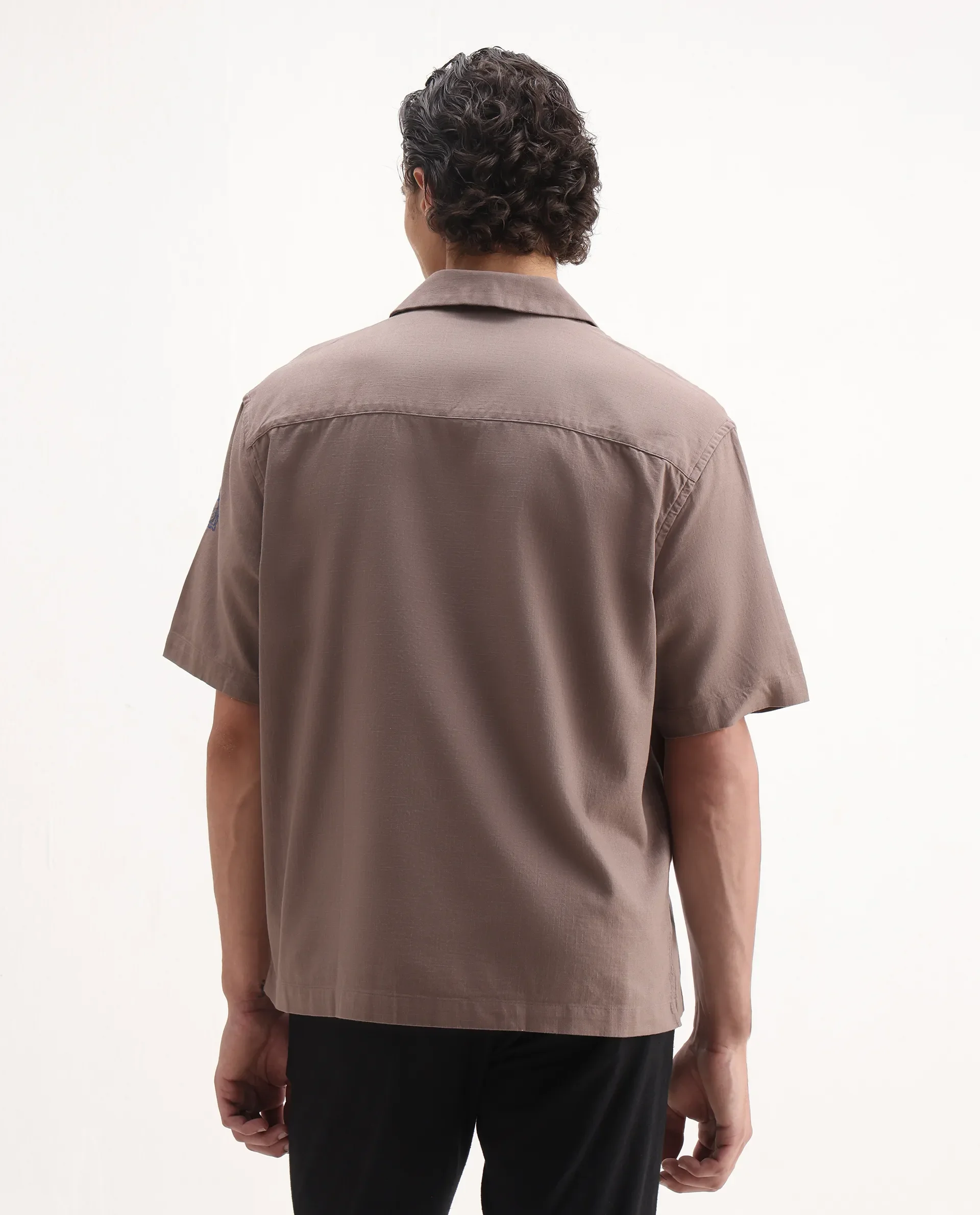 Rare Rabbit Men's Jarny Light Brown Cotton Embroidered Boxy Fit Half Sleeve Cuban Collar Shirt - Image 7