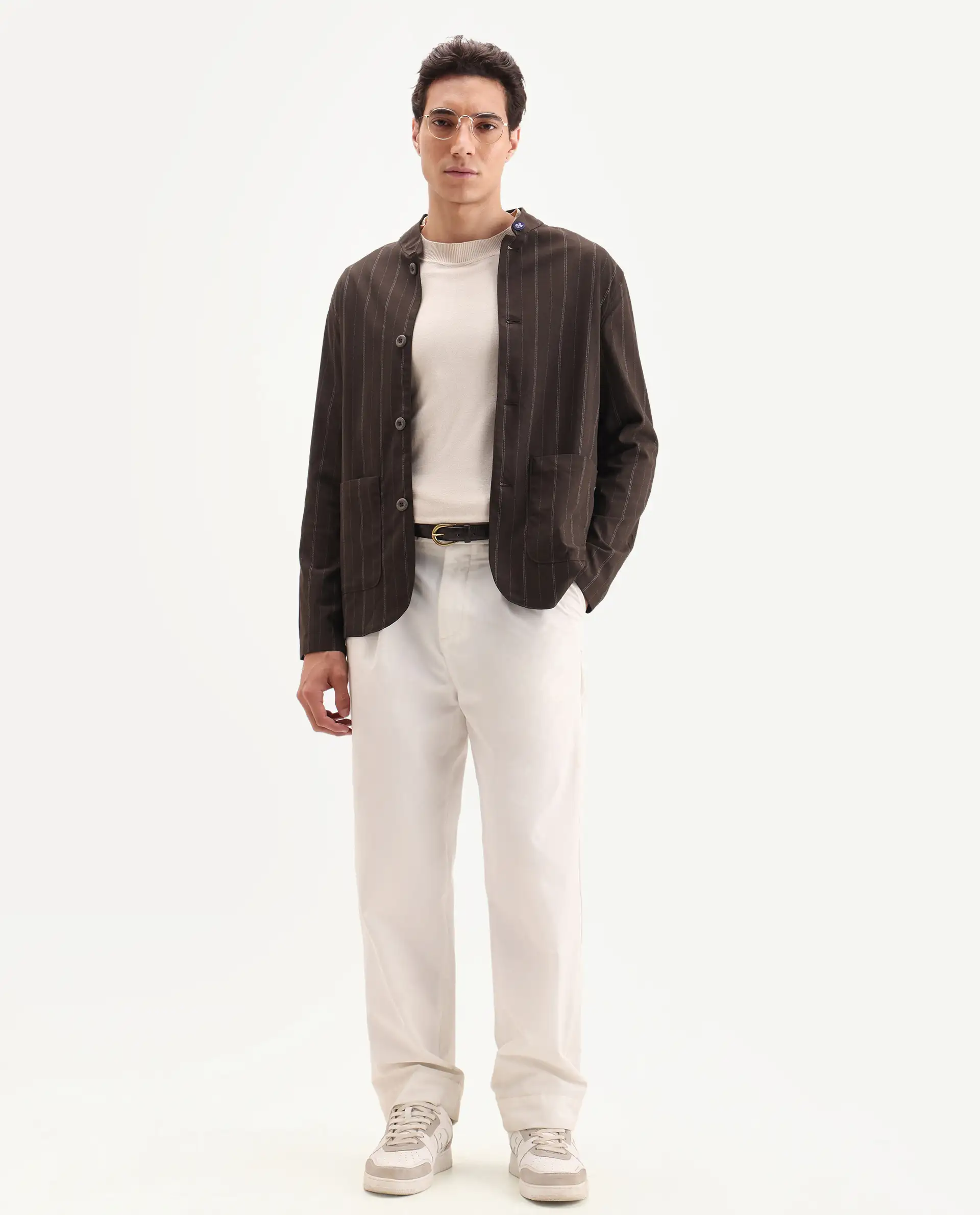 Rare Rabbit Men's Jars Brown Polyester Striped Print Regular Fit Full Sleeve Spread Collar Jacket - Image 2