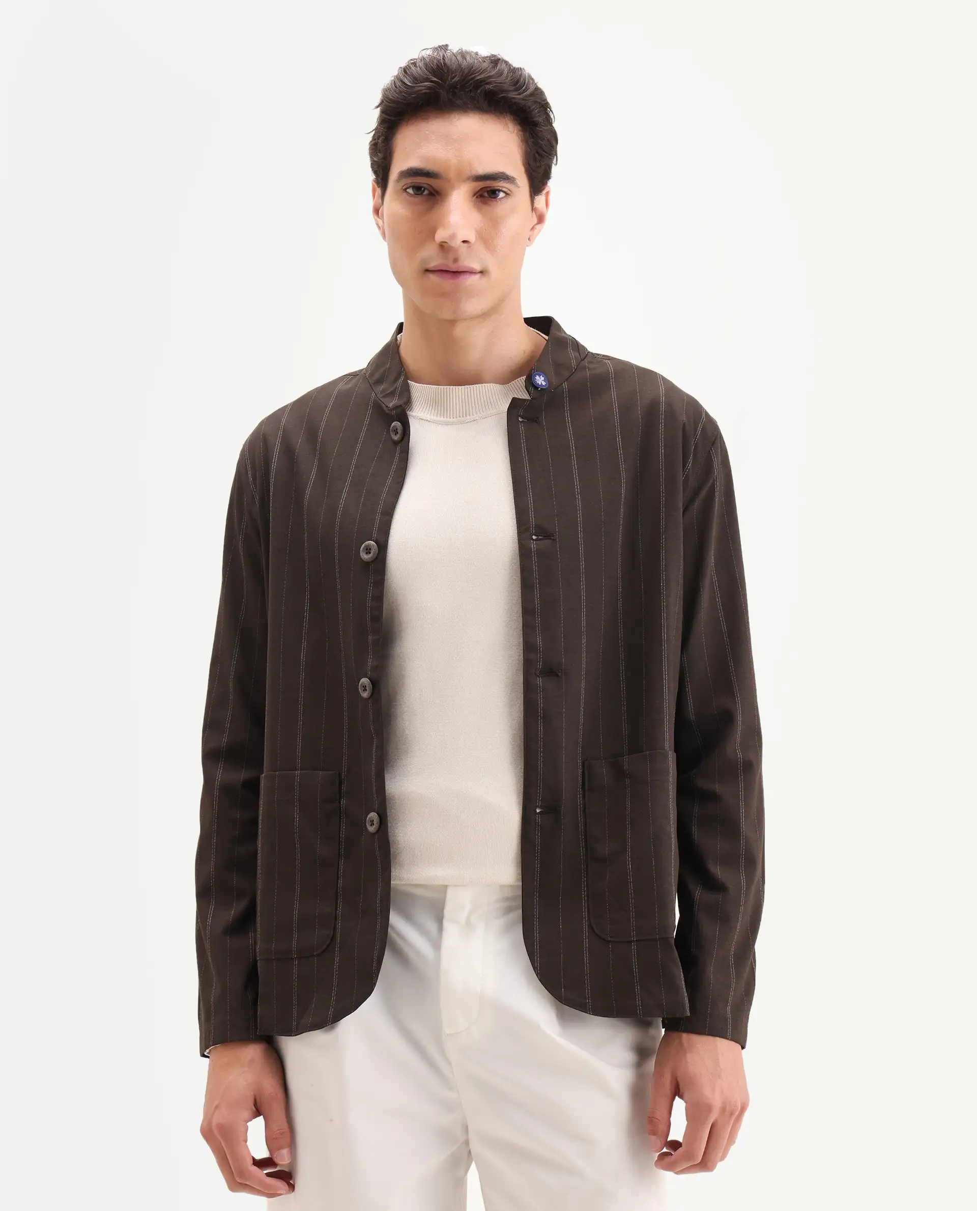 Rare Rabbit Men's Jars Brown Polyester Striped Print Regular Fit Full Sleeve Spread Collar Jacket - Image 3