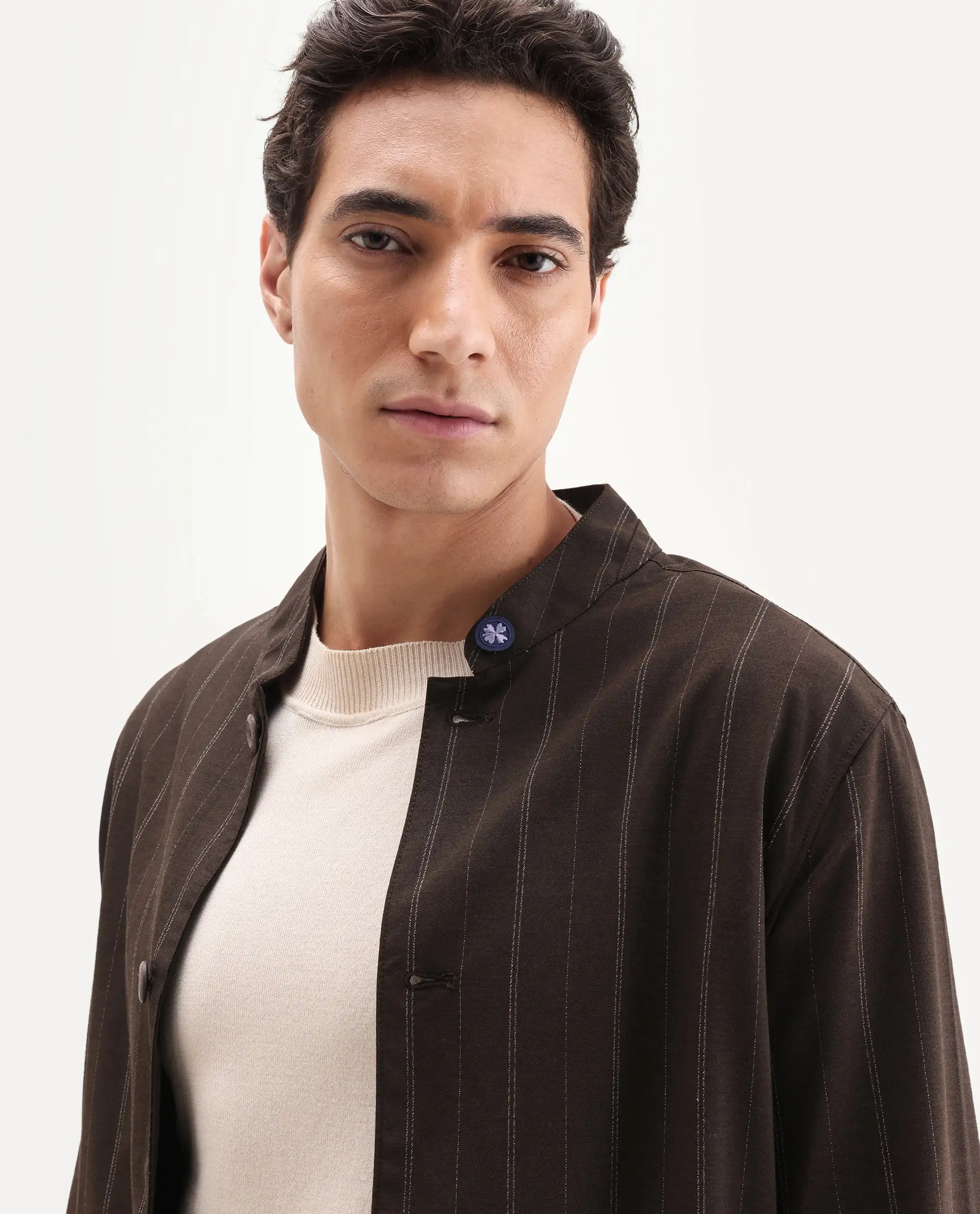 Rare Rabbit Men's Jars Brown Polyester Striped Print Regular Fit Full Sleeve Spread Collar Jacket - Image 4