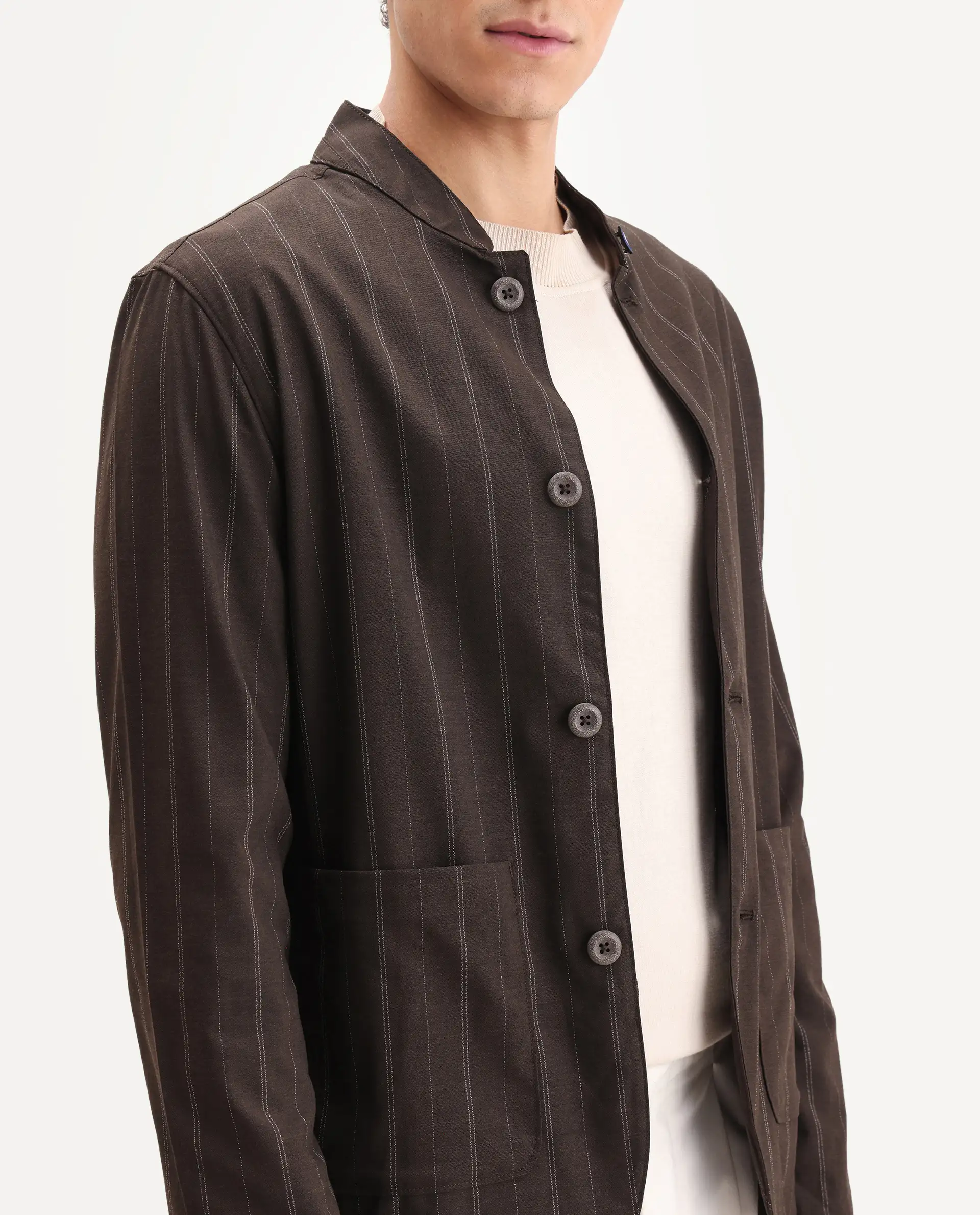 Rare Rabbit Men's Jars Brown Polyester Striped Print Regular Fit Full Sleeve Spread Collar Jacket - Image 5