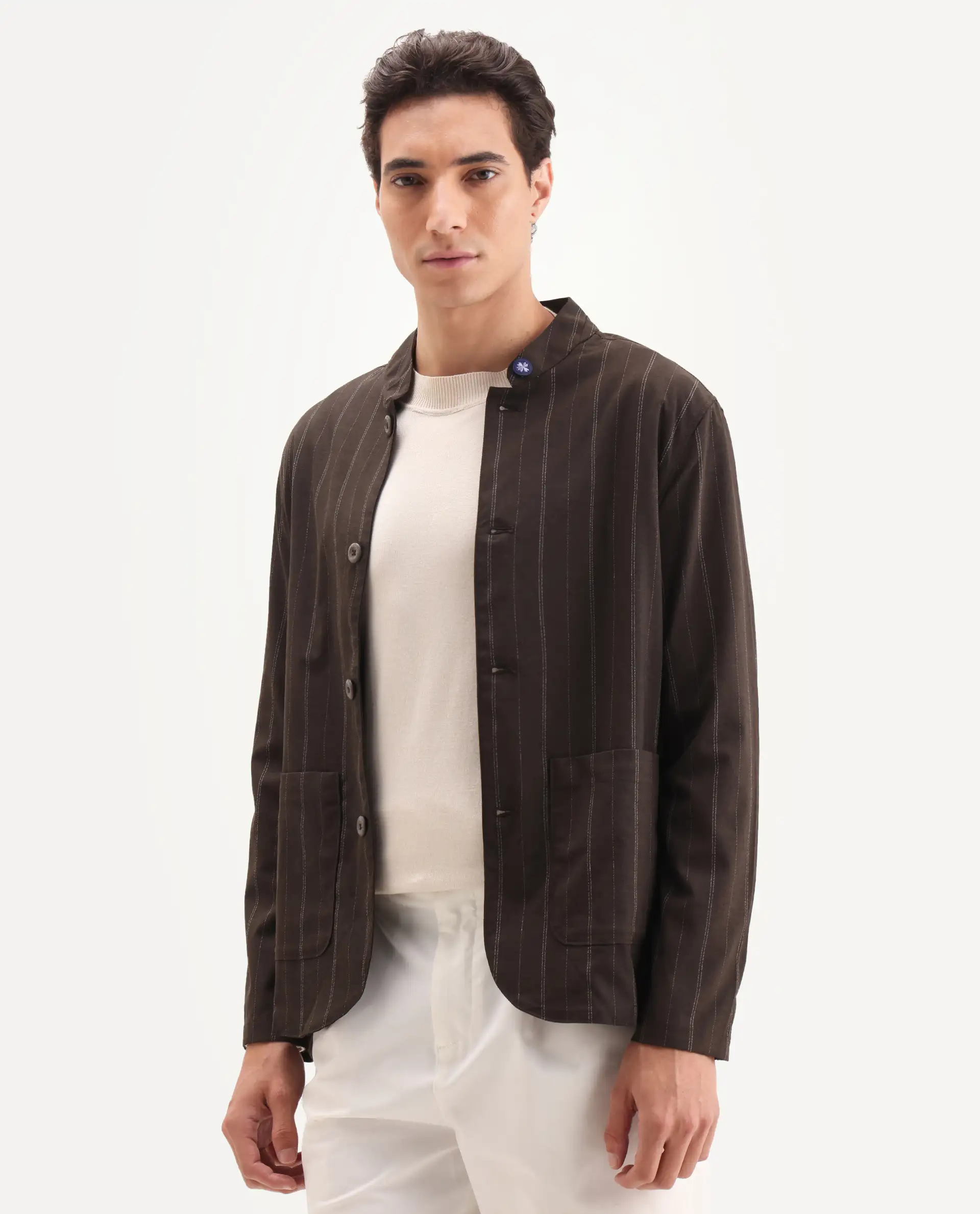 Rare Rabbit Men's Jars Brown Polyester Striped Print Regular Fit Full Sleeve Spread Collar Jacket - Image 6