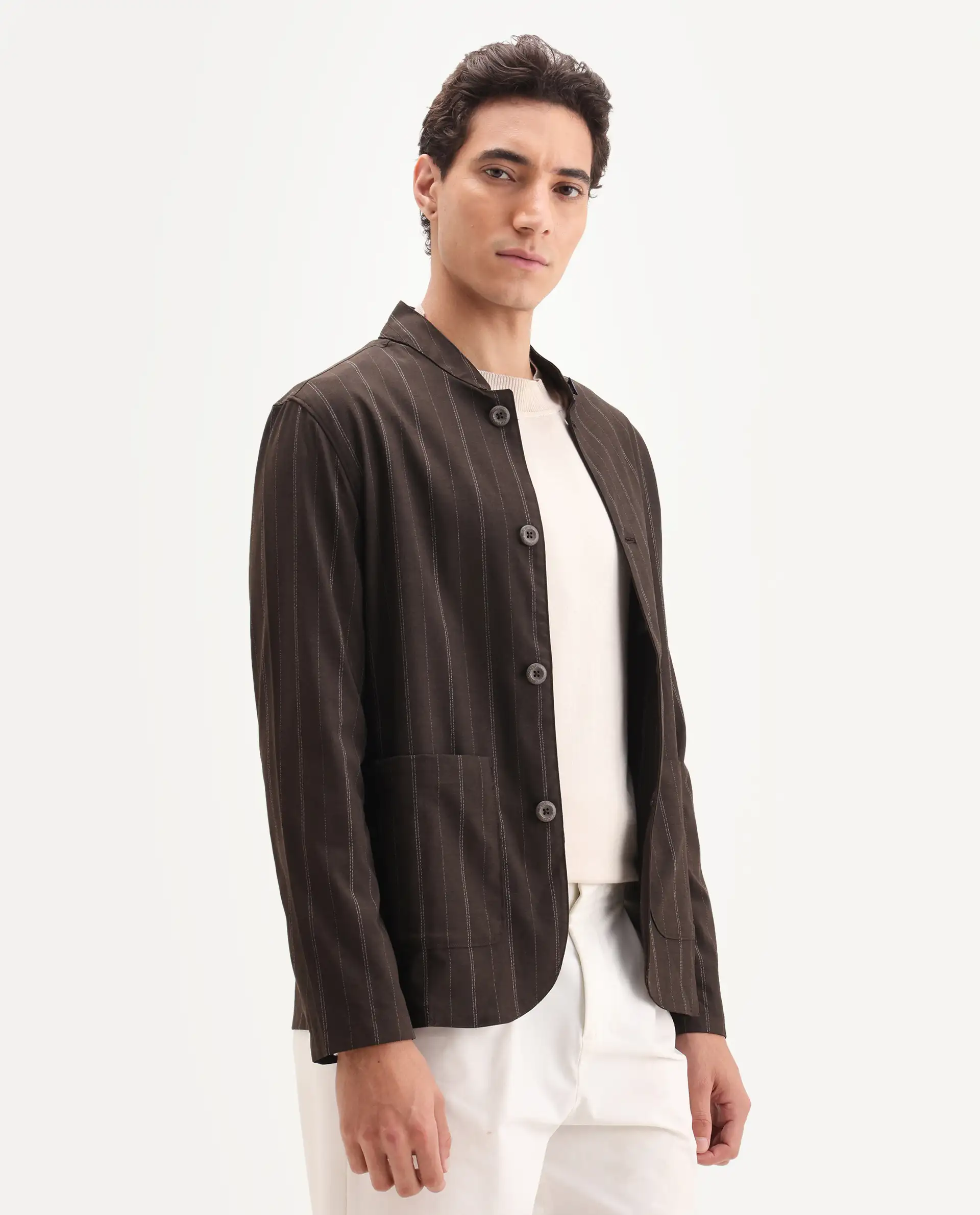 Rare Rabbit Men's Jars Brown Polyester Striped Print Regular Fit Full Sleeve Spread Collar Jacket - Image 7