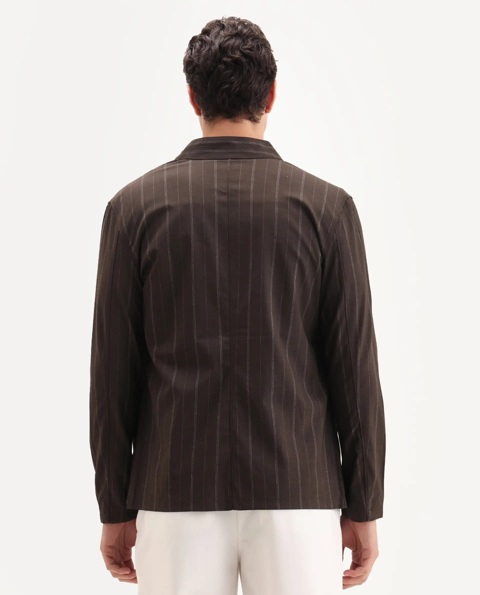Rare Rabbit Men's Jars Brown Polyester Striped Print Regular Fit Full Sleeve Spread Collar Jacket - Image 8