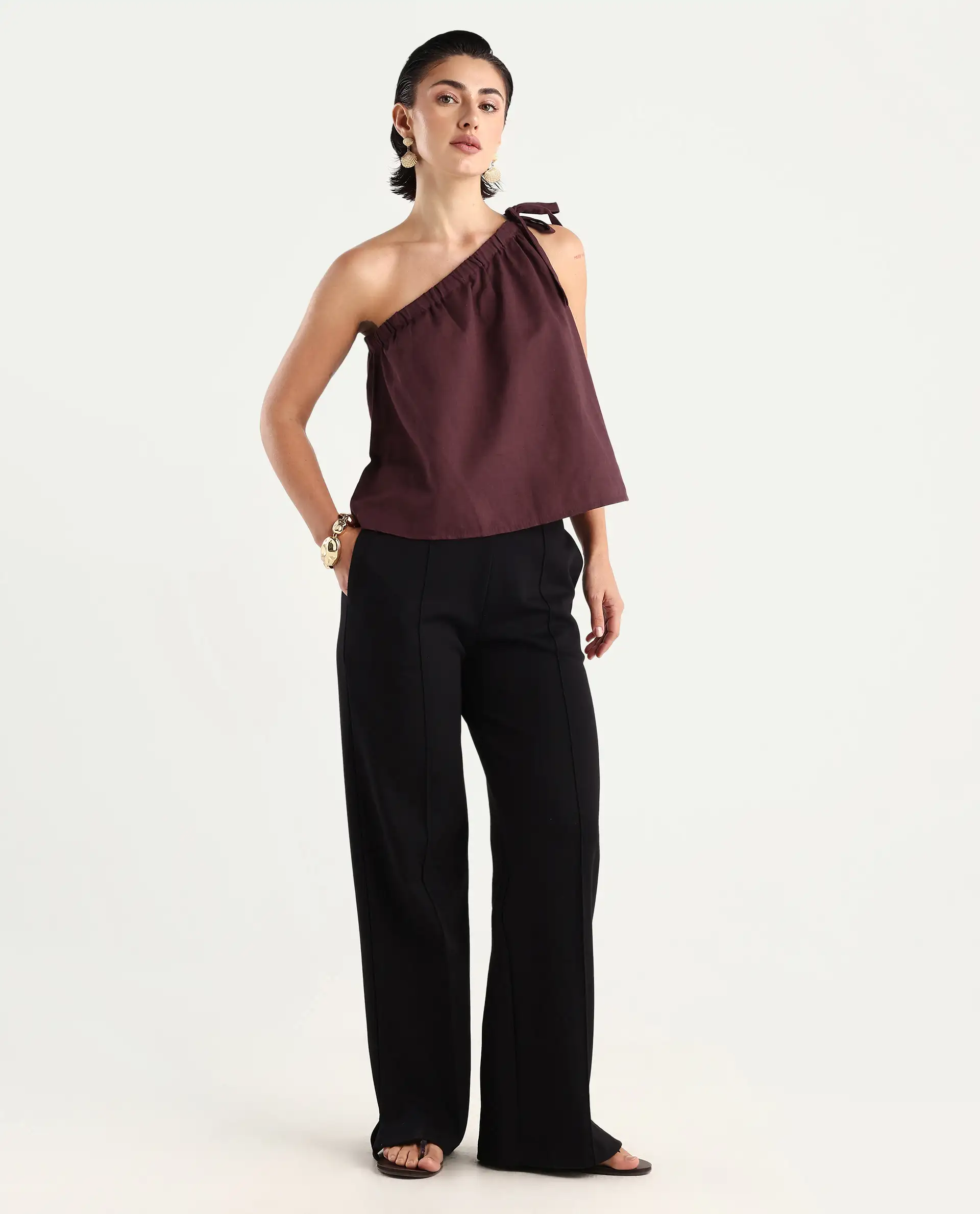 Rareism Women's Jarza Maroon Cotton Blend One Shoulder Plain One Shoulder Crop Regular Fit Top - Image 2