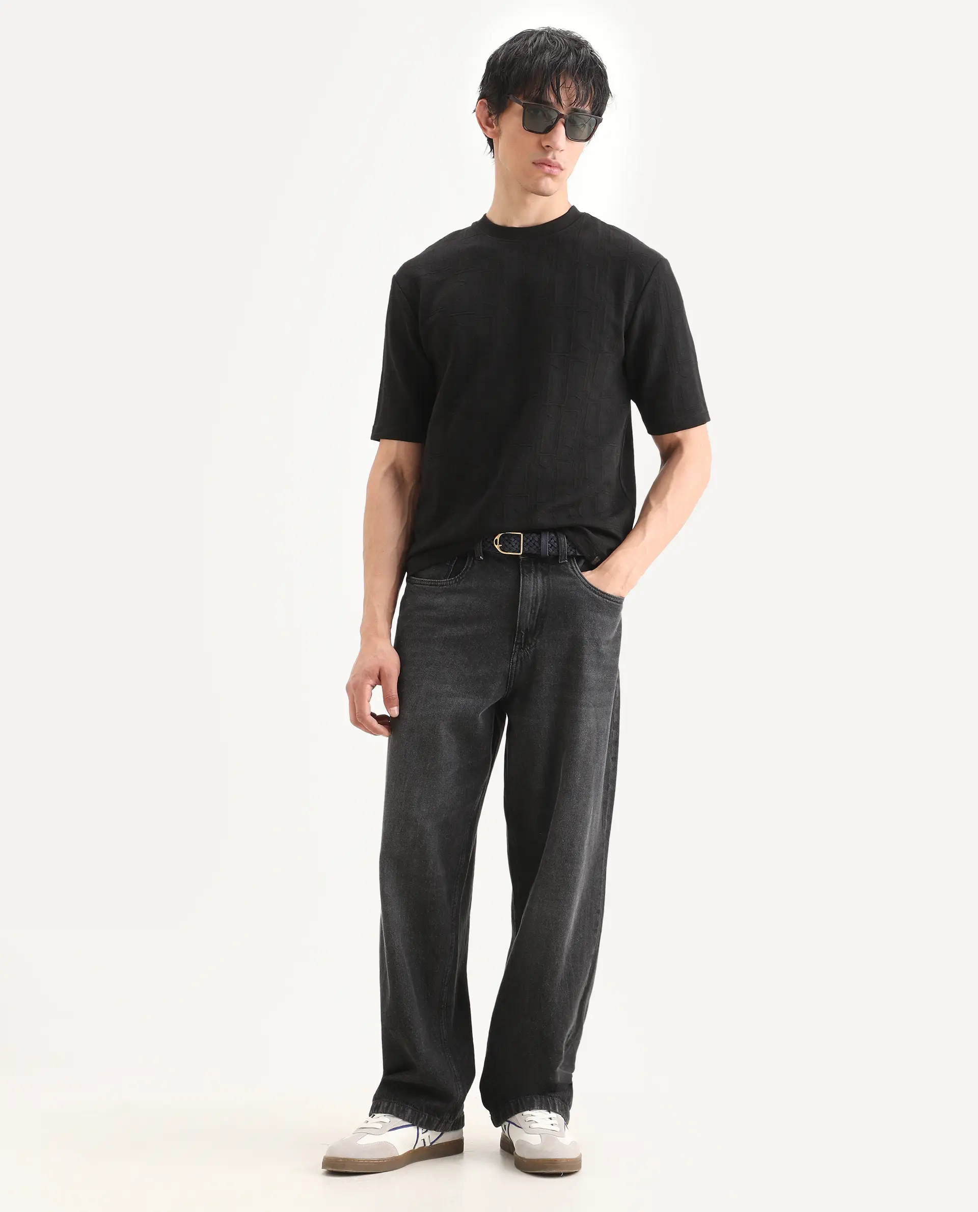 Rare Rabbit Men's Jas-1 Black Polyester Blend Fabric Half Sleeve Crew Neck Oversized Jacquard T-Shirt - Image 2