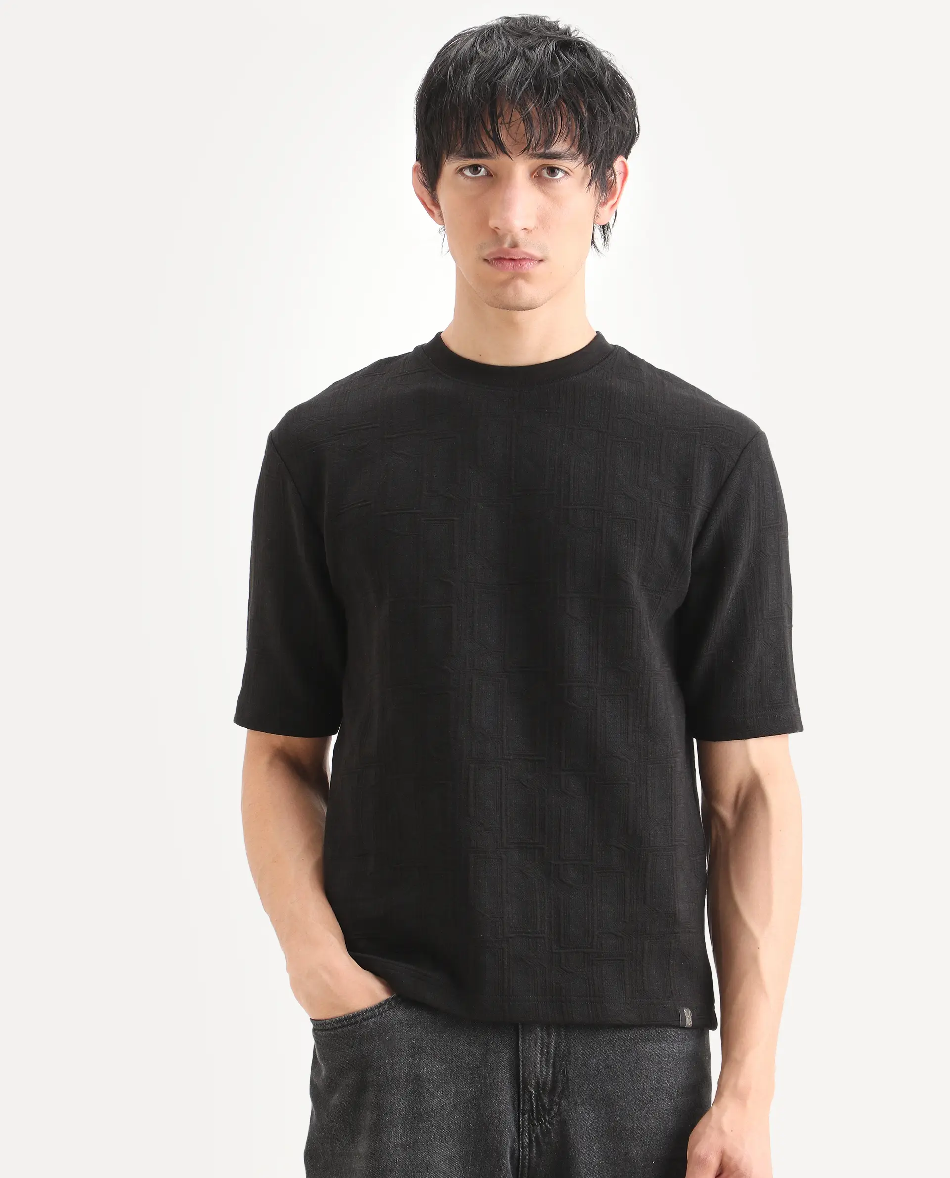 Rare Rabbit Men's Jas-1 Black Polyester Blend Fabric Half Sleeve Crew Neck Oversized Jacquard T-Shirt - Image 4