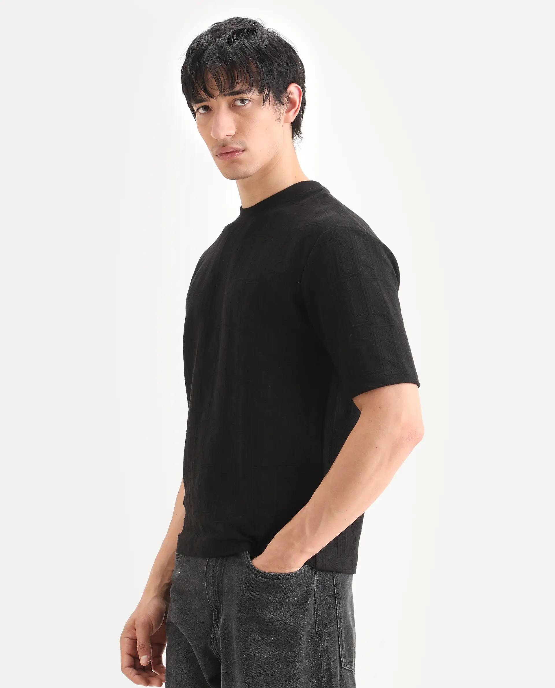 Rare Rabbit Men's Jas-1 Black Polyester Blend Fabric Half Sleeve Crew Neck Oversized Jacquard T-Shirt - Image 5