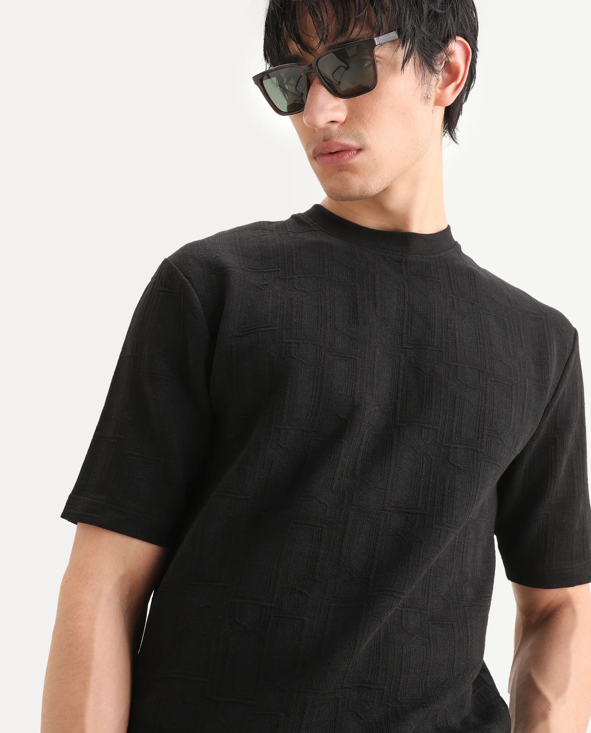 Rare Rabbit Men's Jas-1 Black Polyester Blend Fabric Half Sleeve Crew Neck Oversized Jacquard T-Shirt - Image 6