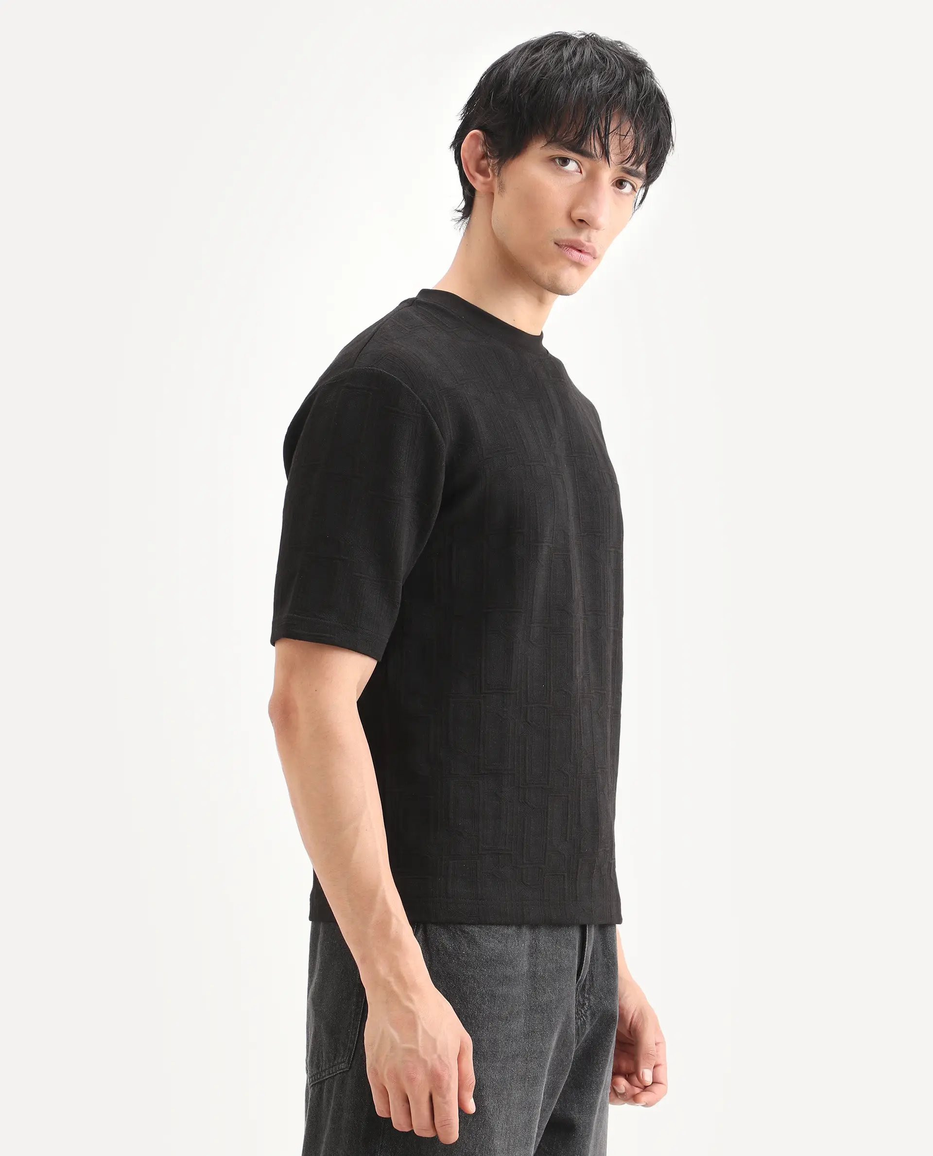 Rare Rabbit Men's Jas-1 Black Polyester Blend Fabric Half Sleeve Crew Neck Oversized Jacquard T-Shirt - Image 7