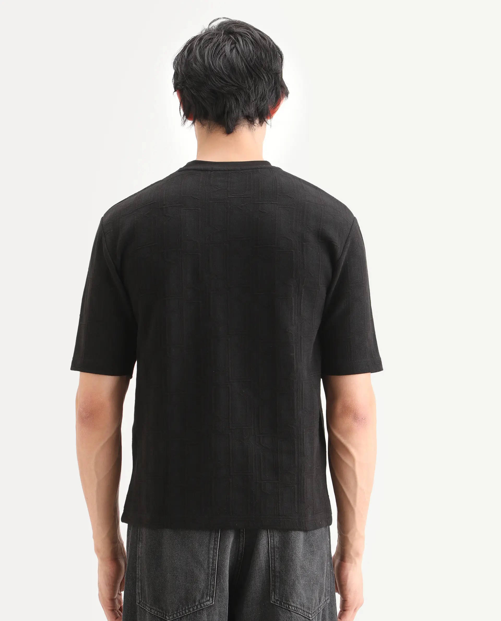 Rare Rabbit Men's Jas-1 Black Polyester Blend Fabric Half Sleeve Crew Neck Oversized Jacquard T-Shirt - Image 8