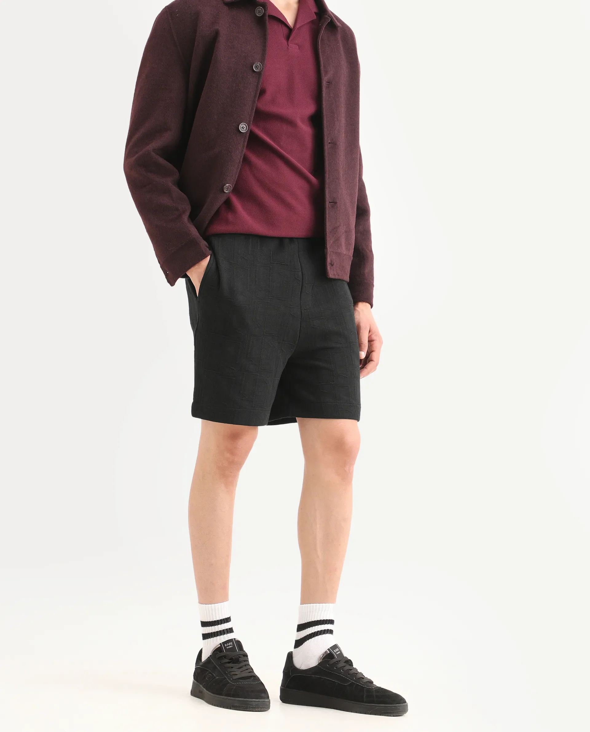 Rare Rabbit Men's Jas-1-Sh Black Polyester Blend Fabric Regular Fit Textured Shorts - Image 3