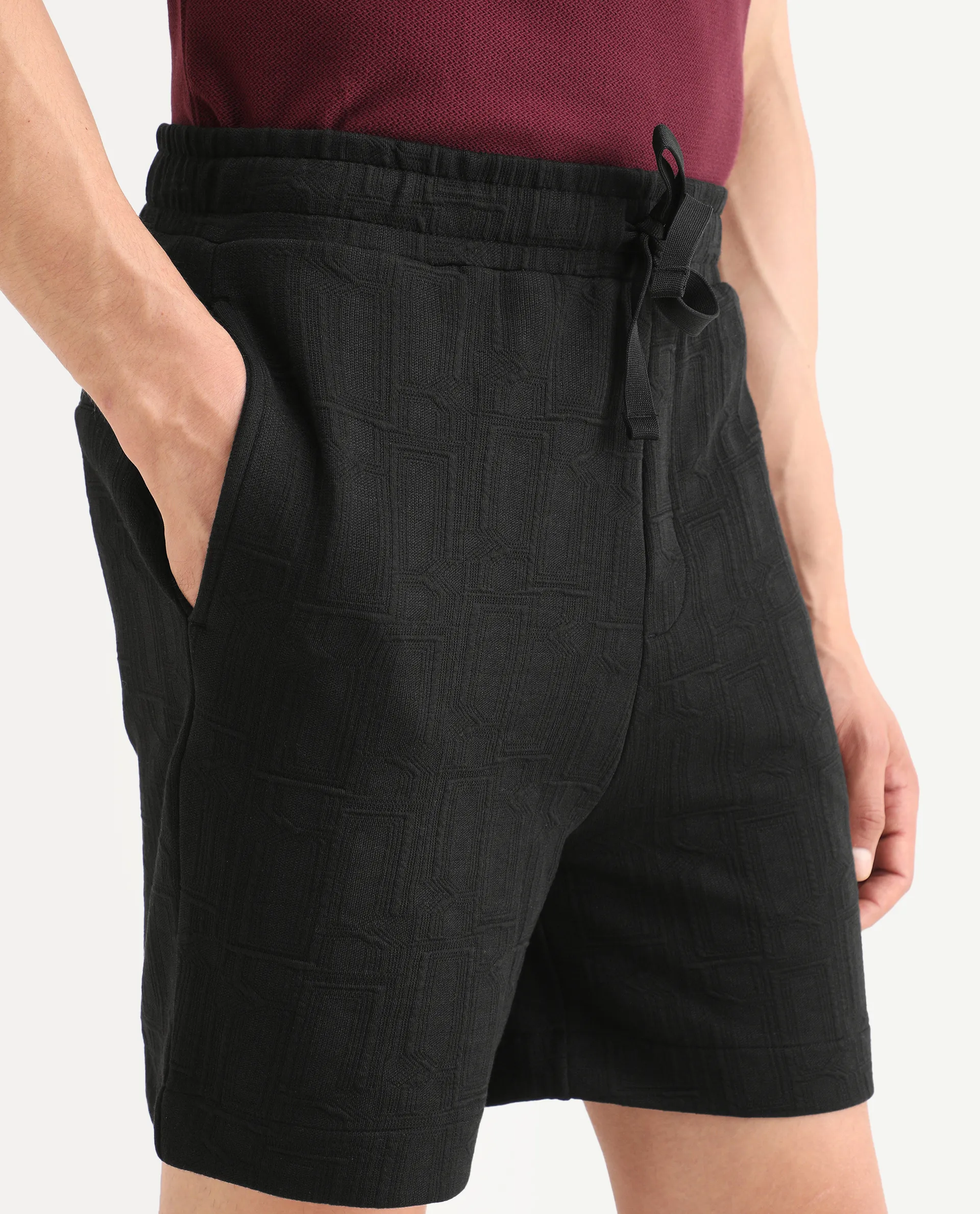 Rare Rabbit Men's Jas-1-Sh Black Polyester Blend Fabric Regular Fit Textured Shorts - Image 4