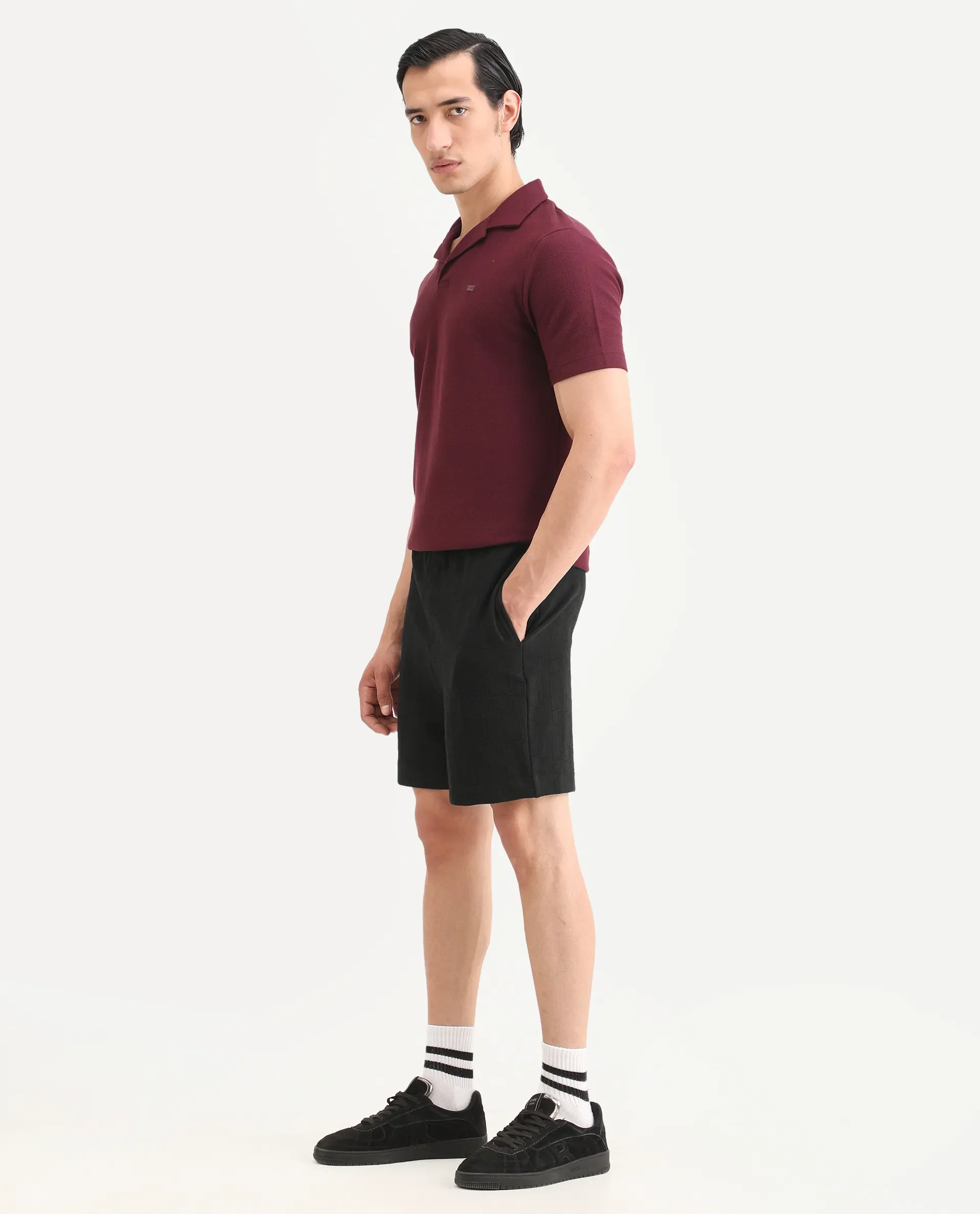 Rare Rabbit Men's Jas-1-Sh Black Polyester Blend Fabric Regular Fit Textured Shorts - Image 7