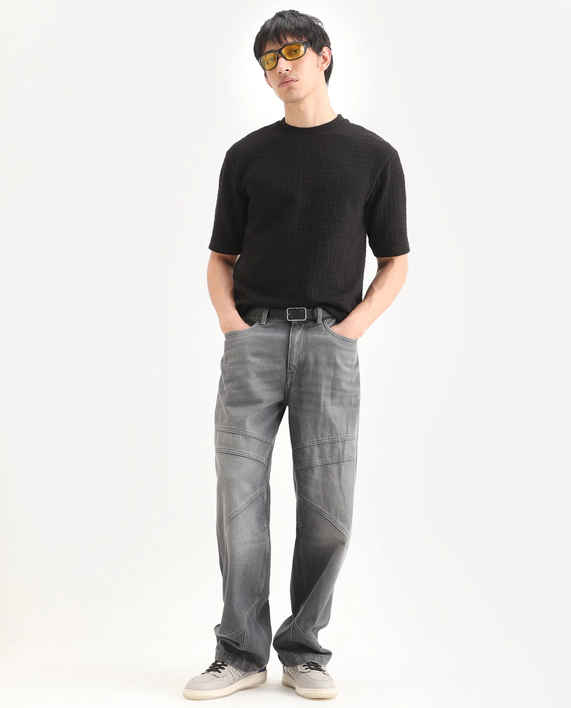 Rare Rabbit Men's Jas-2 Black Polyester Blend Fabric Half Sleeve Crew Neck Oversized Jacquard T-Shirt - Image 2