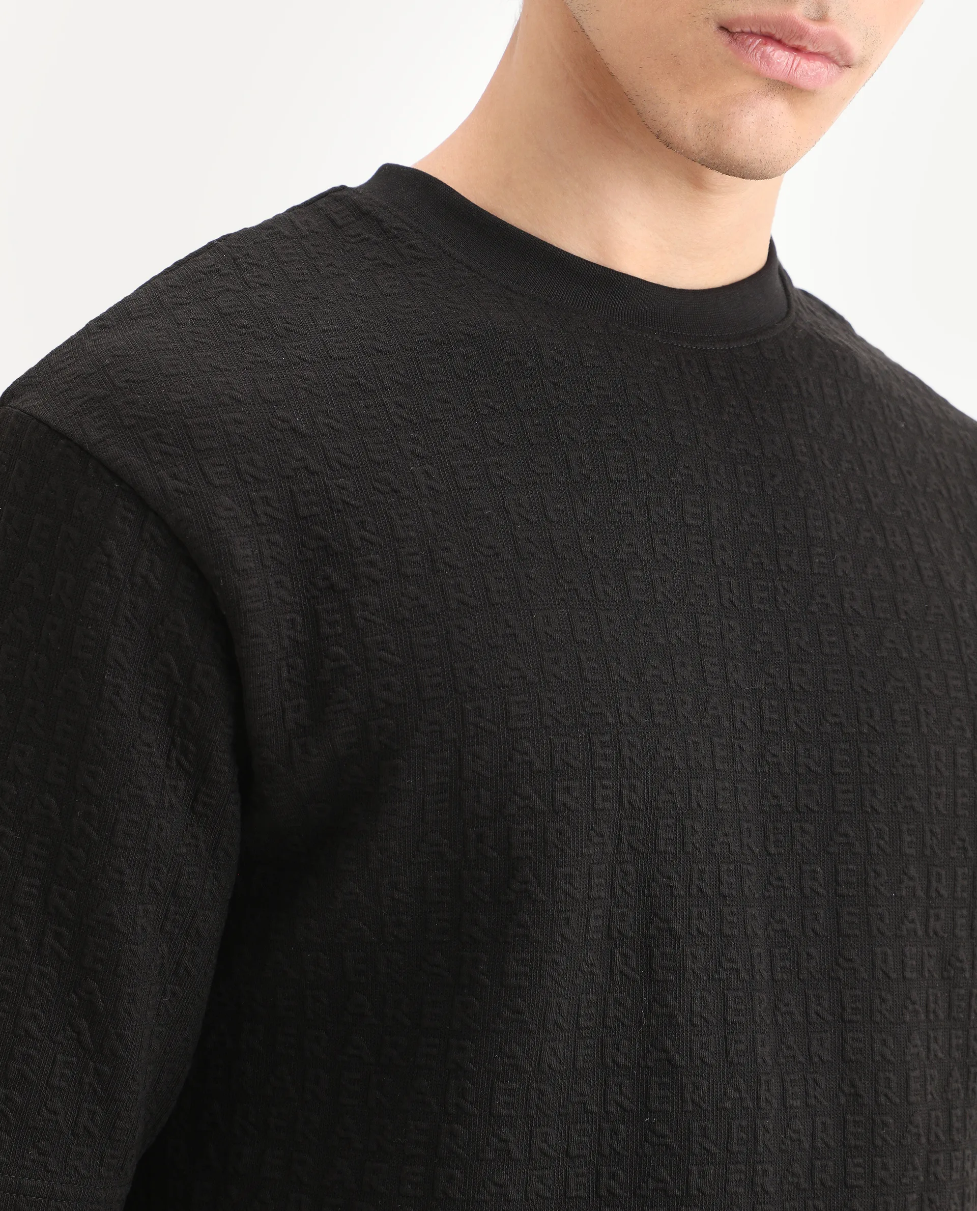 Rare Rabbit Men's Jas-2 Black Polyester Blend Fabric Half Sleeve Crew Neck Oversized Jacquard T-Shirt - Image 3