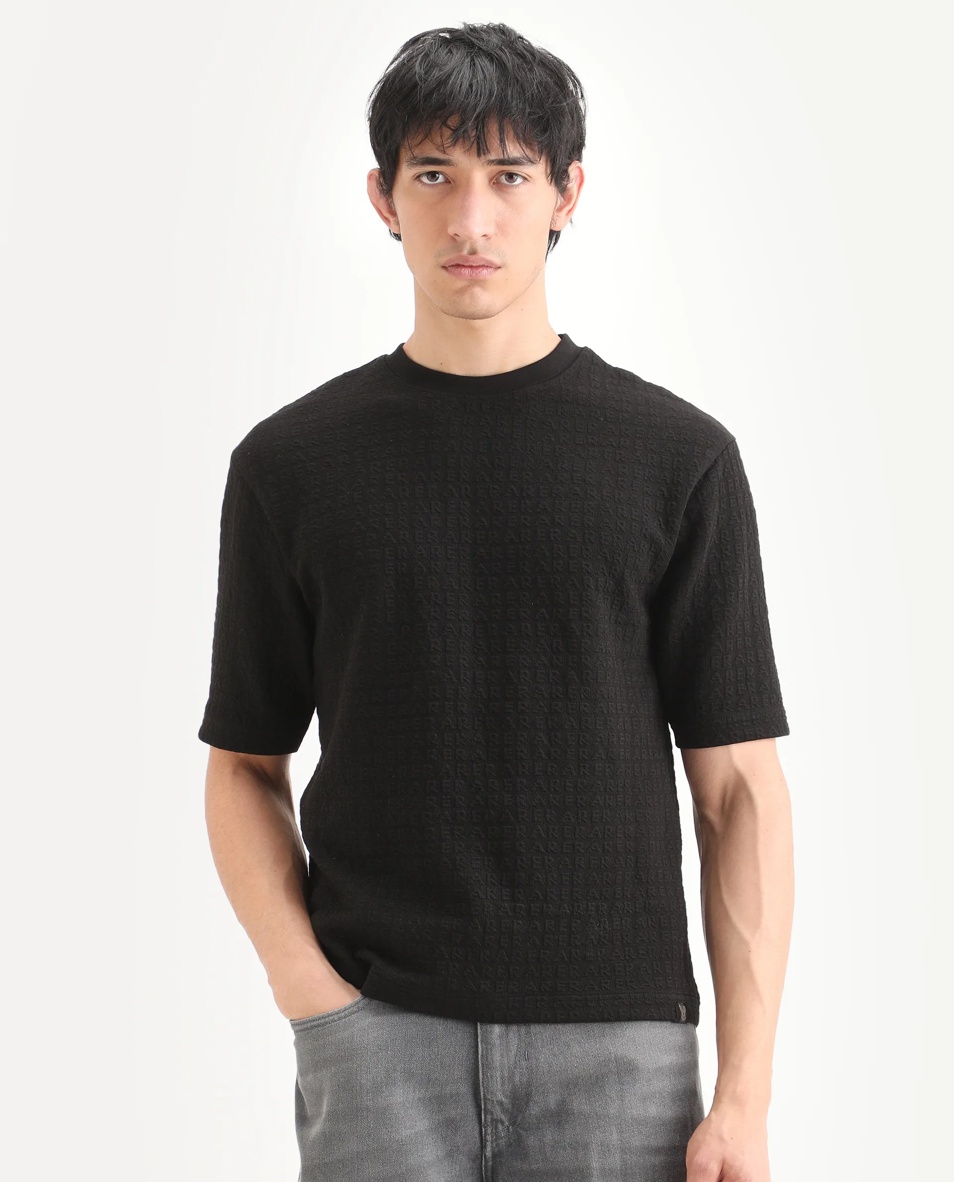 Rare Rabbit Men's Jas-2 Black Polyester Blend Fabric Half Sleeve Crew Neck Oversized Jacquard T-Shirt - Image 4