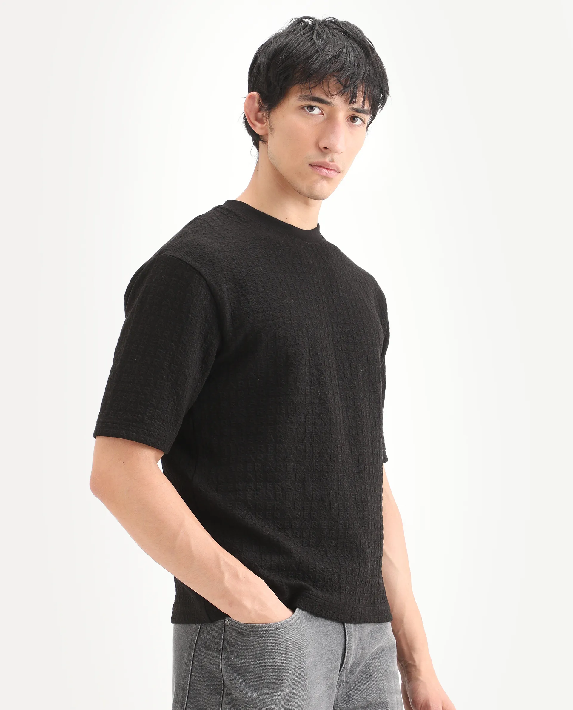 Rare Rabbit Men's Jas-2 Black Polyester Blend Fabric Half Sleeve Crew Neck Oversized Jacquard T-Shirt - Image 5