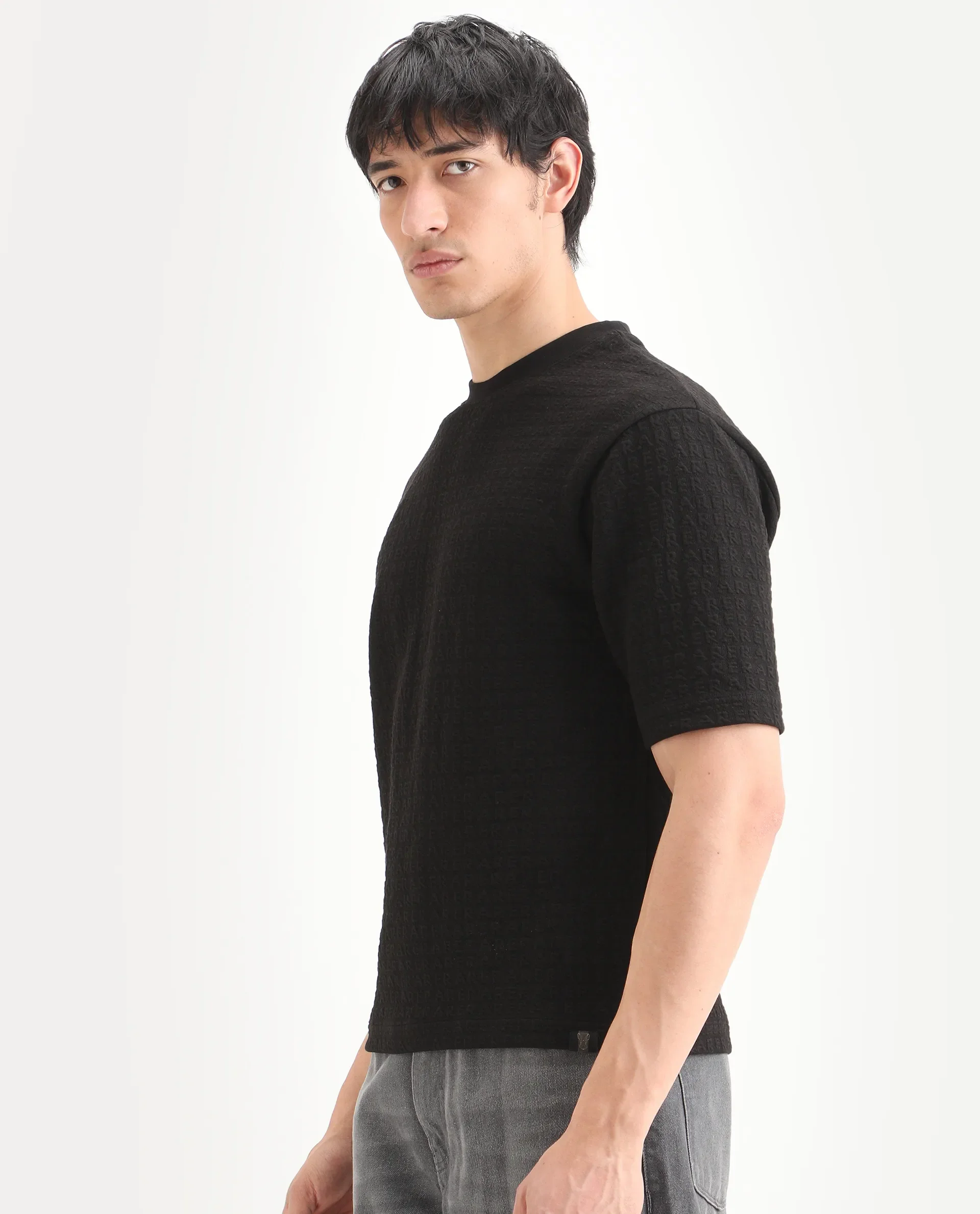 Rare Rabbit Men's Jas-2 Black Polyester Blend Fabric Half Sleeve Crew Neck Oversized Jacquard T-Shirt - Image 6